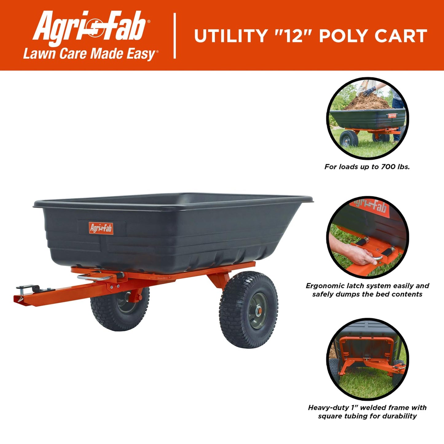 Agri-Fab 45-0552 700 lbs Tow Behind Poly Dump/Swivel Cart, 12 CU. FT. Capacity; Lawn & Garden Cart/Trailer for Lawn Mowers, 15" Pneumatics Tires, Easy to Use Hand Dumping Mechanism