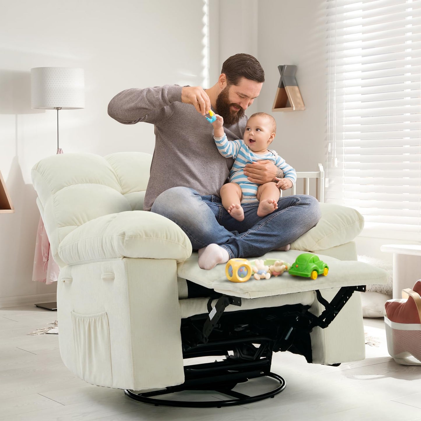 Garvee Rocking Recliner Chair, 360° Swivel Rocker Chair for Living Room, Upholstered Fabric Glider Nursery Chair with Side Pockets for Small Spaces, q235 Steel Frame Lazy Boy Recliner Single Sofa