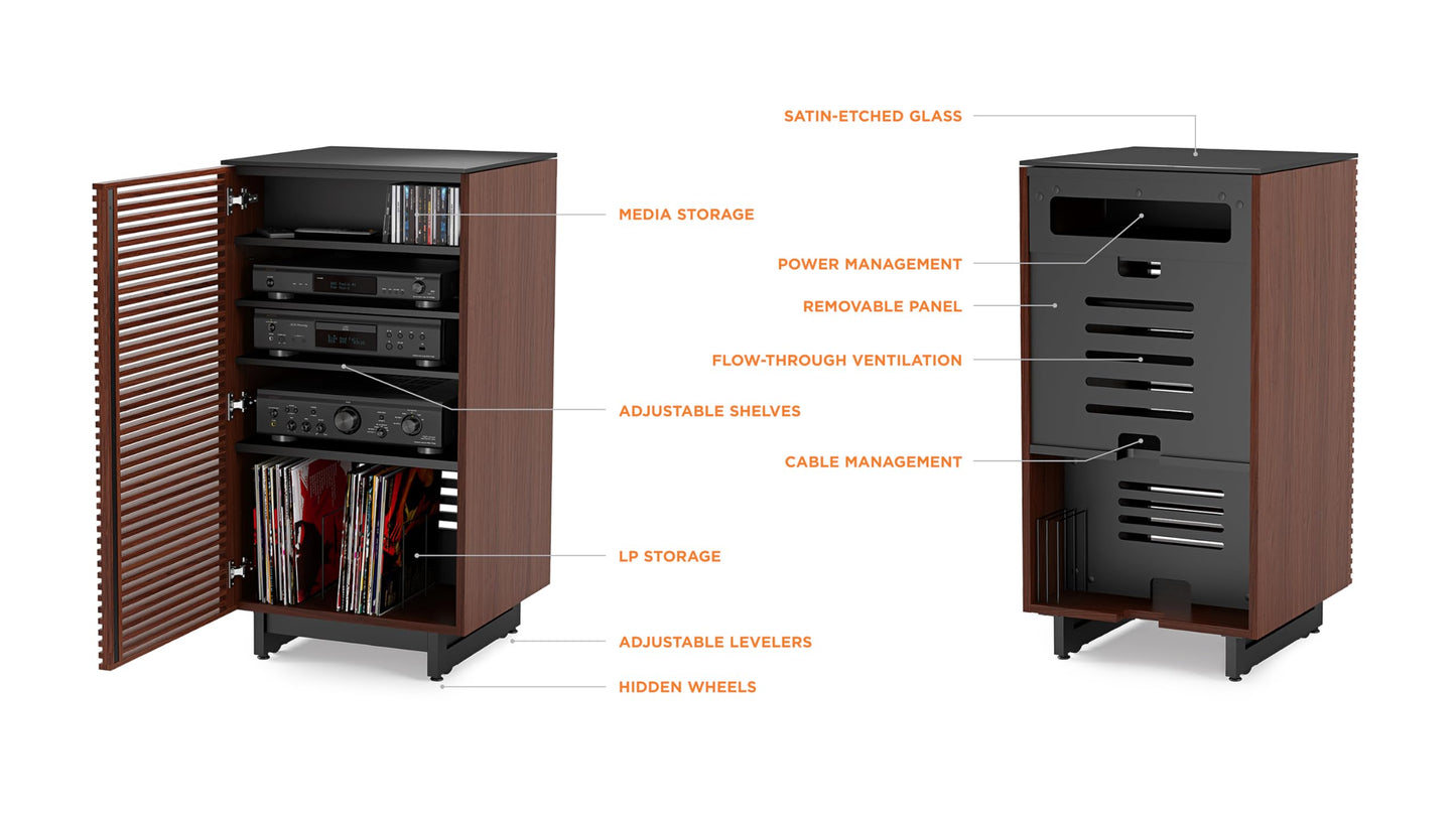 BDI Furniture Corridor 8172-22'' Audio Cabinet with Flow-Through Ventilation, Cable Management, Adjustable Shelves, Louvered Doors, Satin-Etched Tempered Glass Top, Chocolate Stained Walnut