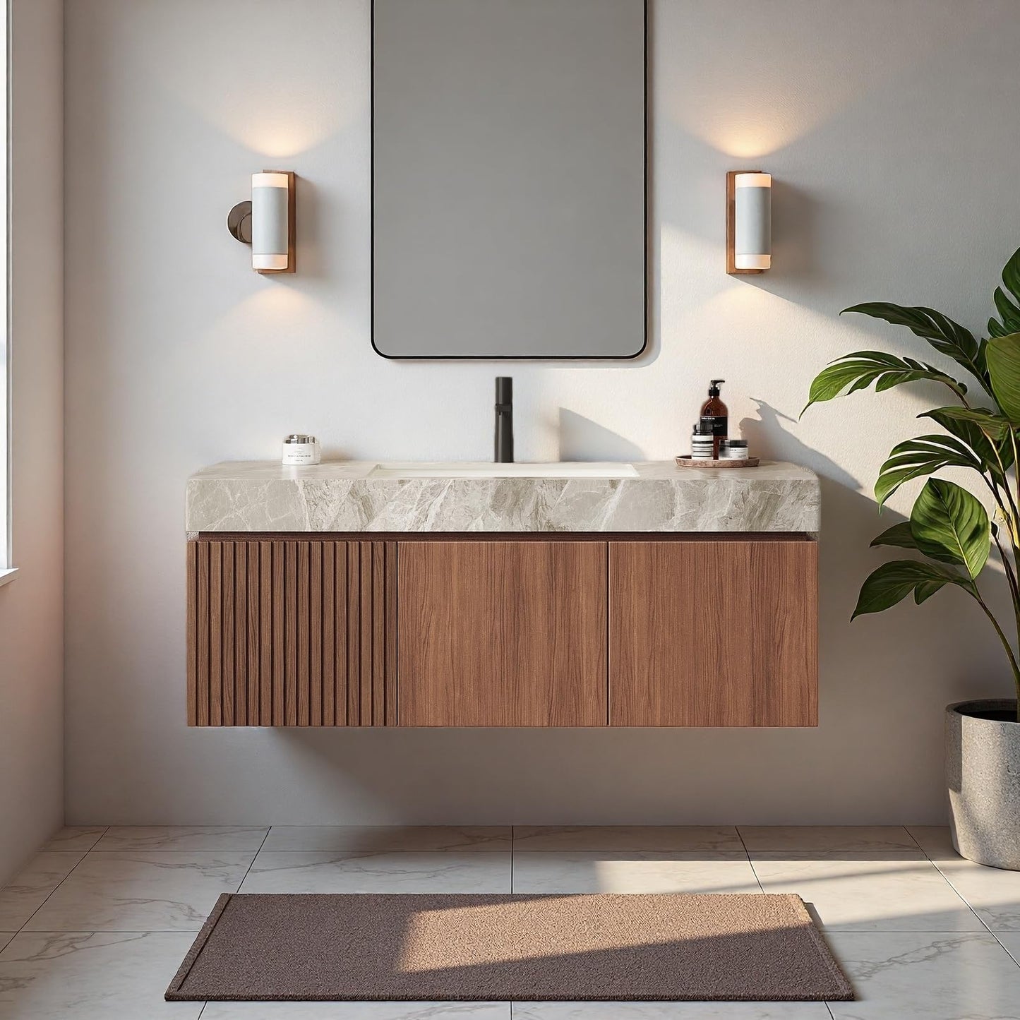 Trygoal 48" Bathroom Vanity with Sink, Wall-Mounted Plywood Bathroom Storage Cabinet with Ceramic Basin & Sintered Stone Countertop, Modern Pre-Assembled Floating Vanity with Drawer & Door, Brown Oak