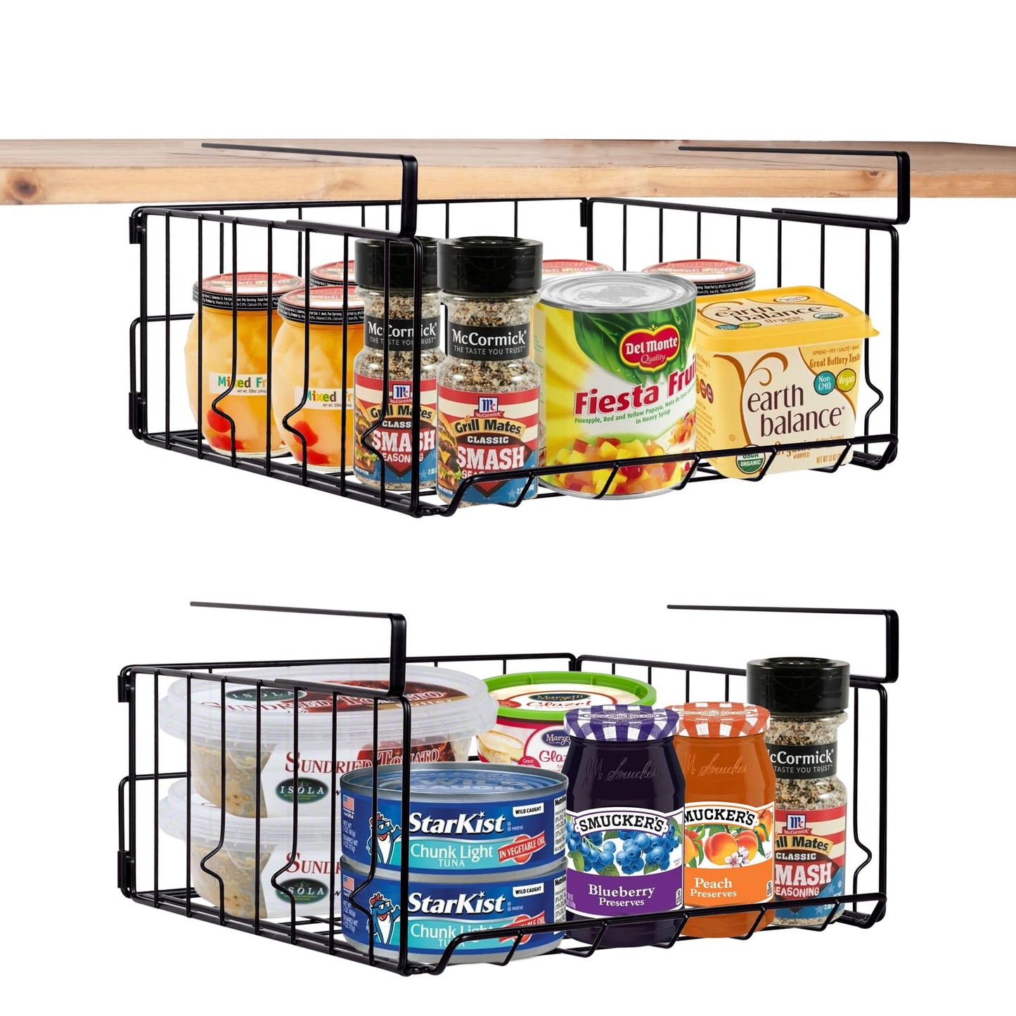 Under Shelf Storage Baskets, Foldable Carbon Steel Under Cabinet Basket for Kitchen Cabinets Pantries Bookshelves Desk, Space-Saving Storage Solution (Black, 2 Pack)