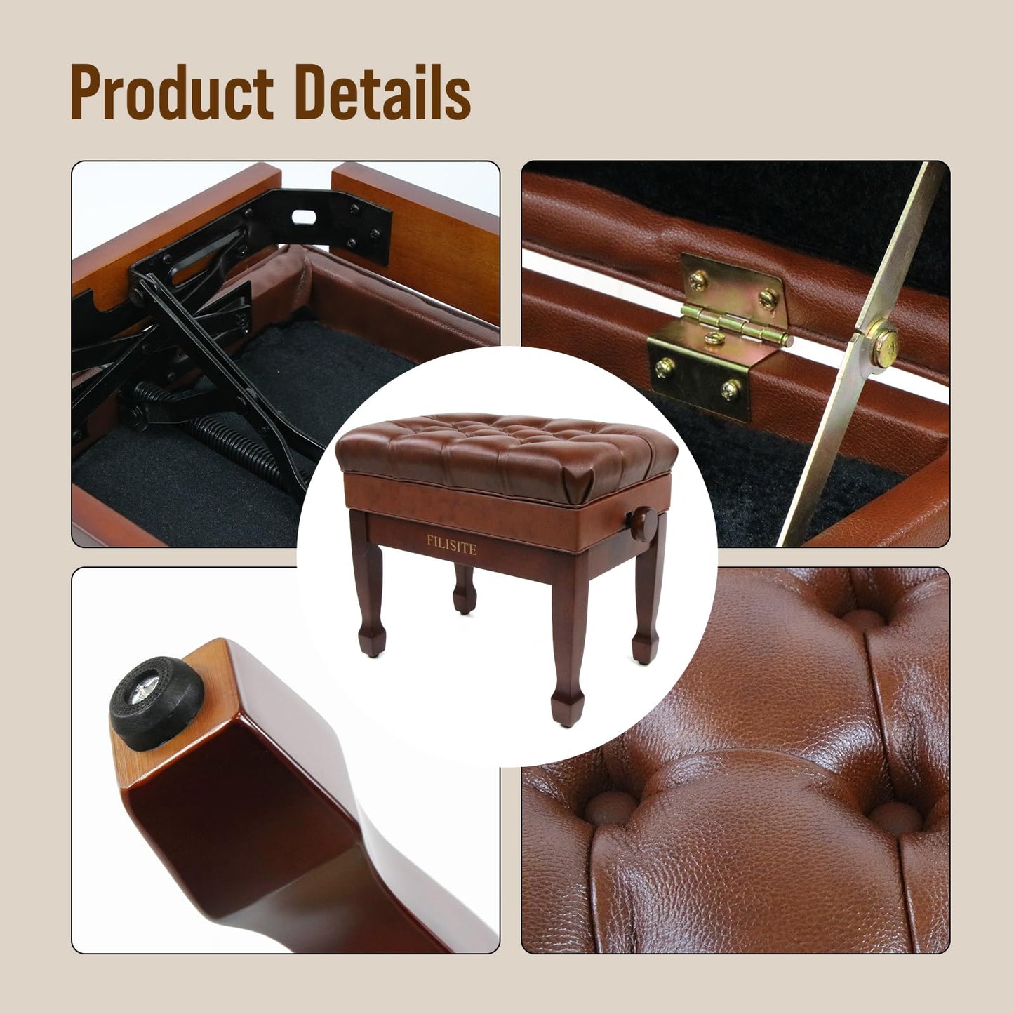 FILISITE Genuine Leather Adjustable Piano Bench with Storage Compartment, Heavy Duty Solid Wooden Keyboard Stool with Padded Cushion Seat (Brown)