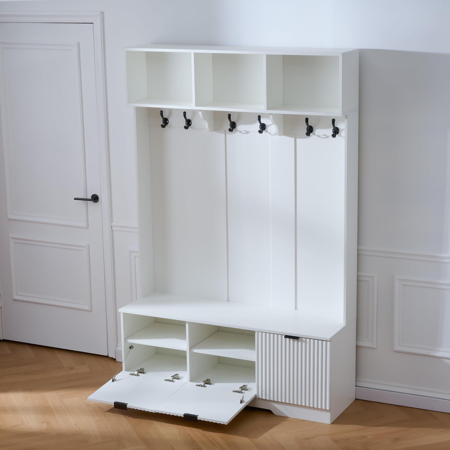 49.6" 5-in-1 Hall Tree with Bench Shoe Storage 3 Open Storage Cabinets, Farmhouse Entryway Cabinet with High Gloss Fluted Doors Coat Rack with 6 Hooks Shoe Cabinet for Hallway Living Room White