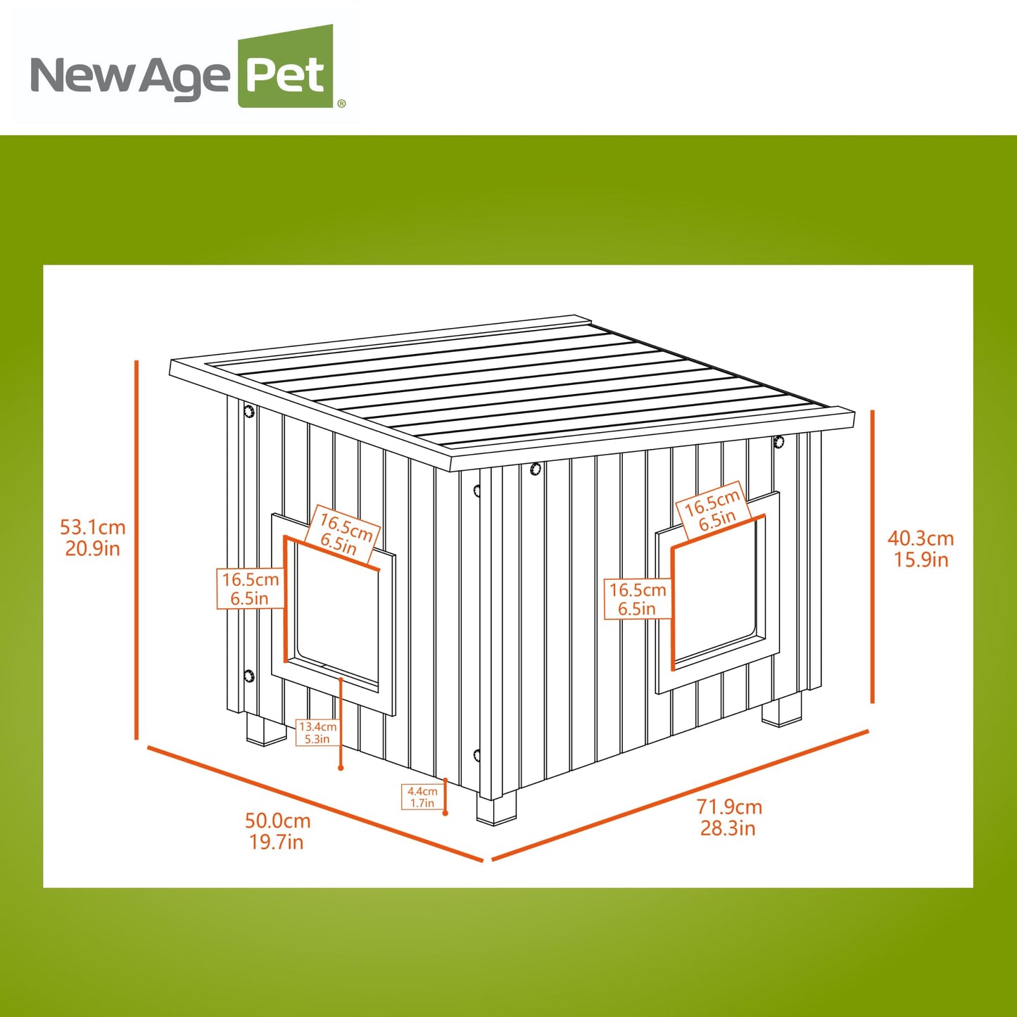New Age Pet ECOFLEX XL Outdoor Cat House - Durable, Moisture-Resistant Wood Plastic Composite, Dual Entry, Easy Assembly, Elevated Floor for Ventilation, Compatible with Heated Pad, 10-Year Warranty
