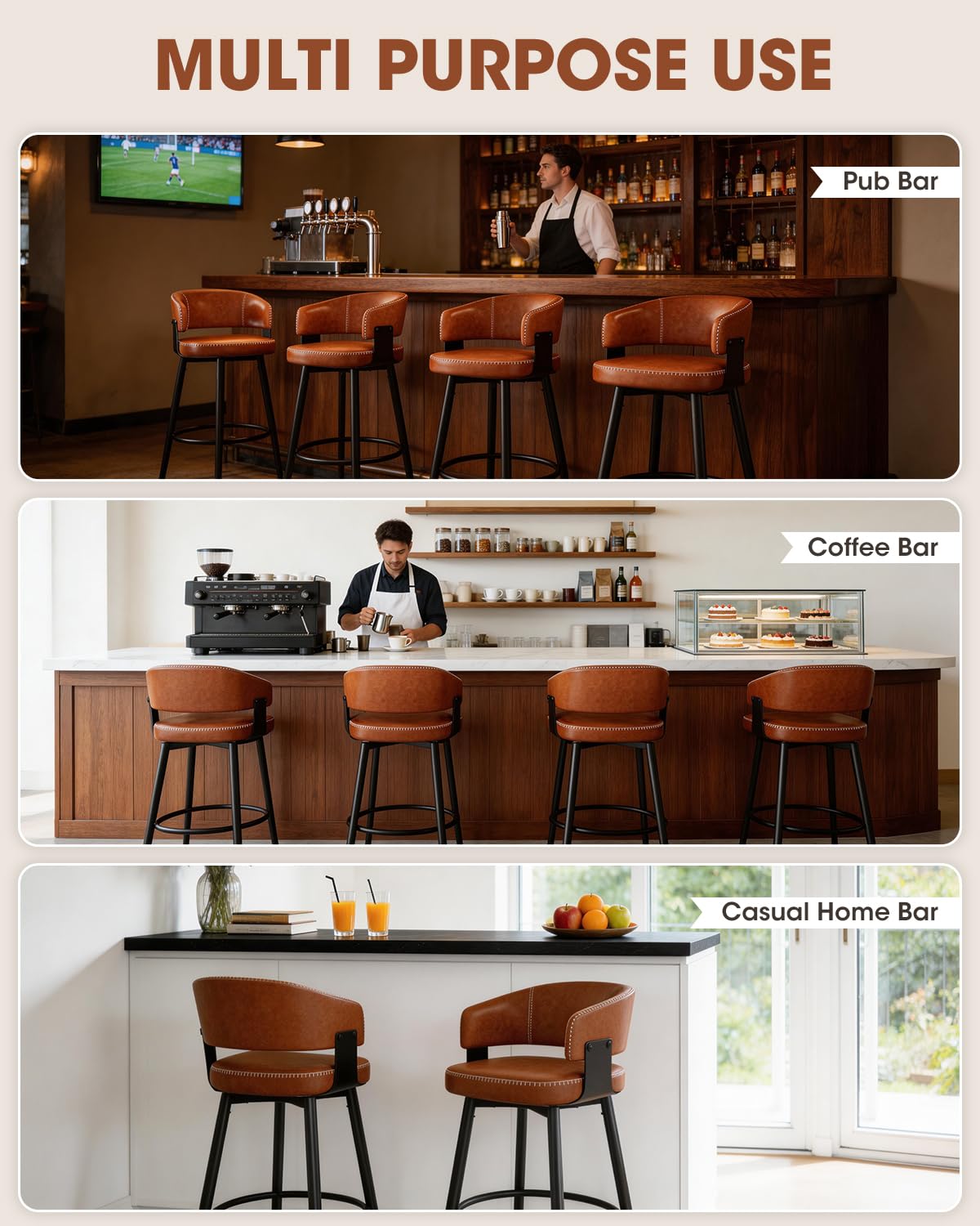 IZXGS Bar Stools Set of 4, 30" Swivel Bar Height Bar Stools with Curved Back, Mid-Century Modern Faux Leather Bar Chairs with Stitching for Kitchen Island, Dining, Living Room, Vintage Brown