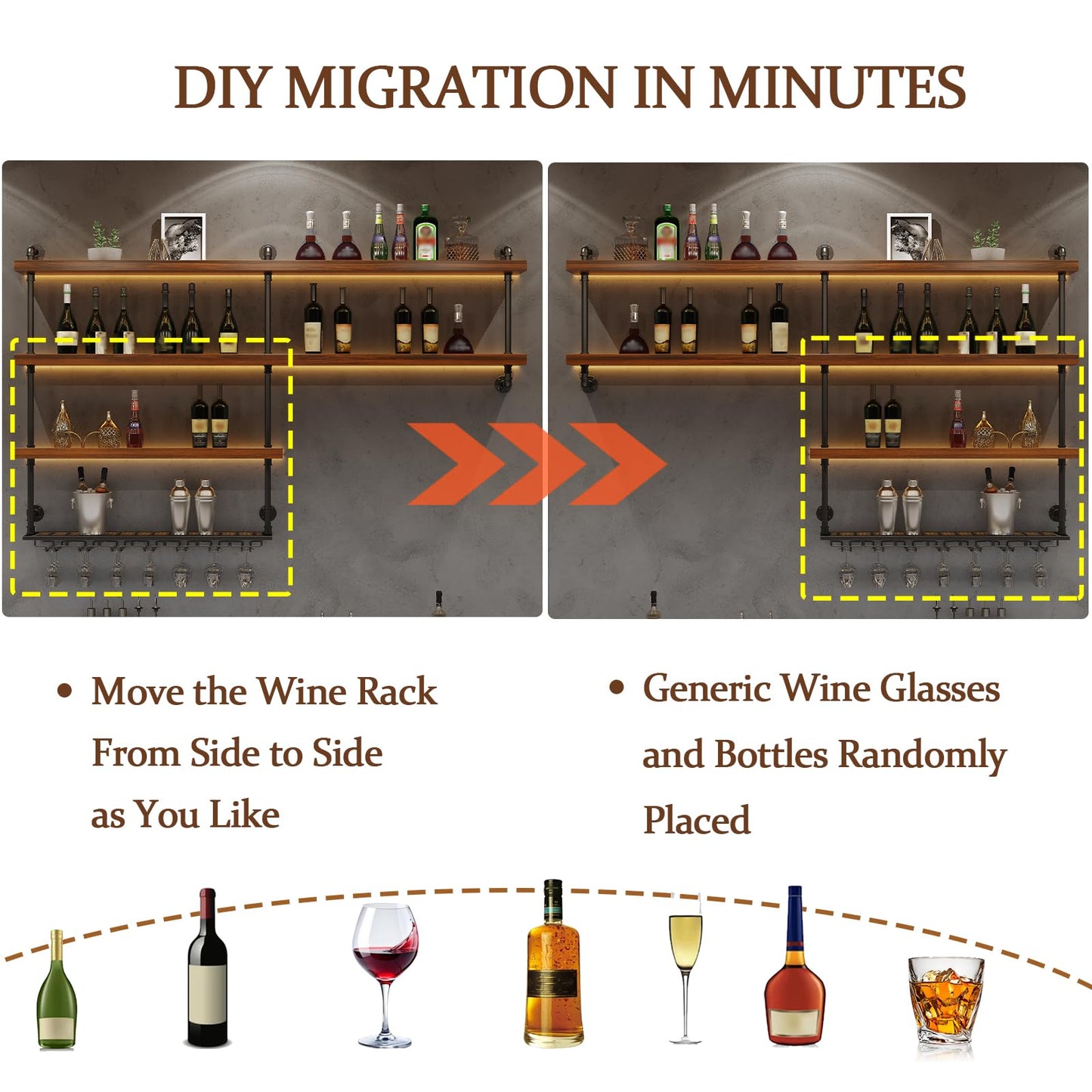 31.5in Large Solid Wood Wine Rack Wall Mounted, Wall Bar Shelves for Liquor Bottles with LED Light, 4 Tier Wine Glass Rack Capacity Liquor for Bar Living Room Dining Room Kitchen Cafe (31.5in/80cm)