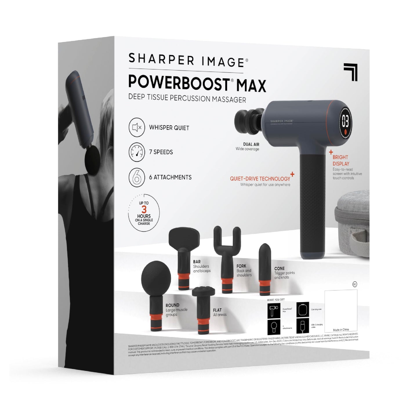 Sharper Image Powerboost Massage Gun – Deep Tissue Percussion Massager| 5 Attachments, 6 Speed| Shoulder Back Leg Muscle Recovery & Pain Relief Massage Tool| Massager Gun| Men & Women Gift