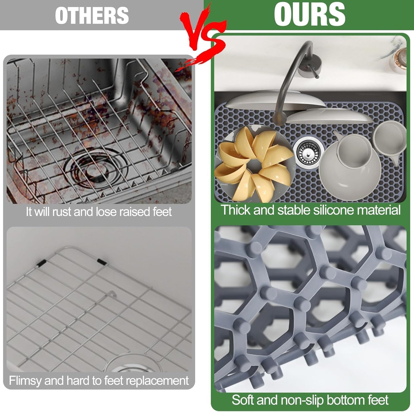 Sink Protectors Mat - 25.79"x13.98" Kitchen Sink Pad for Bottom of Basin for Protection of Stainless Steel and Tableware, Farmhouse Rubber Basin Mat Protector with Center Drain - Light Gray