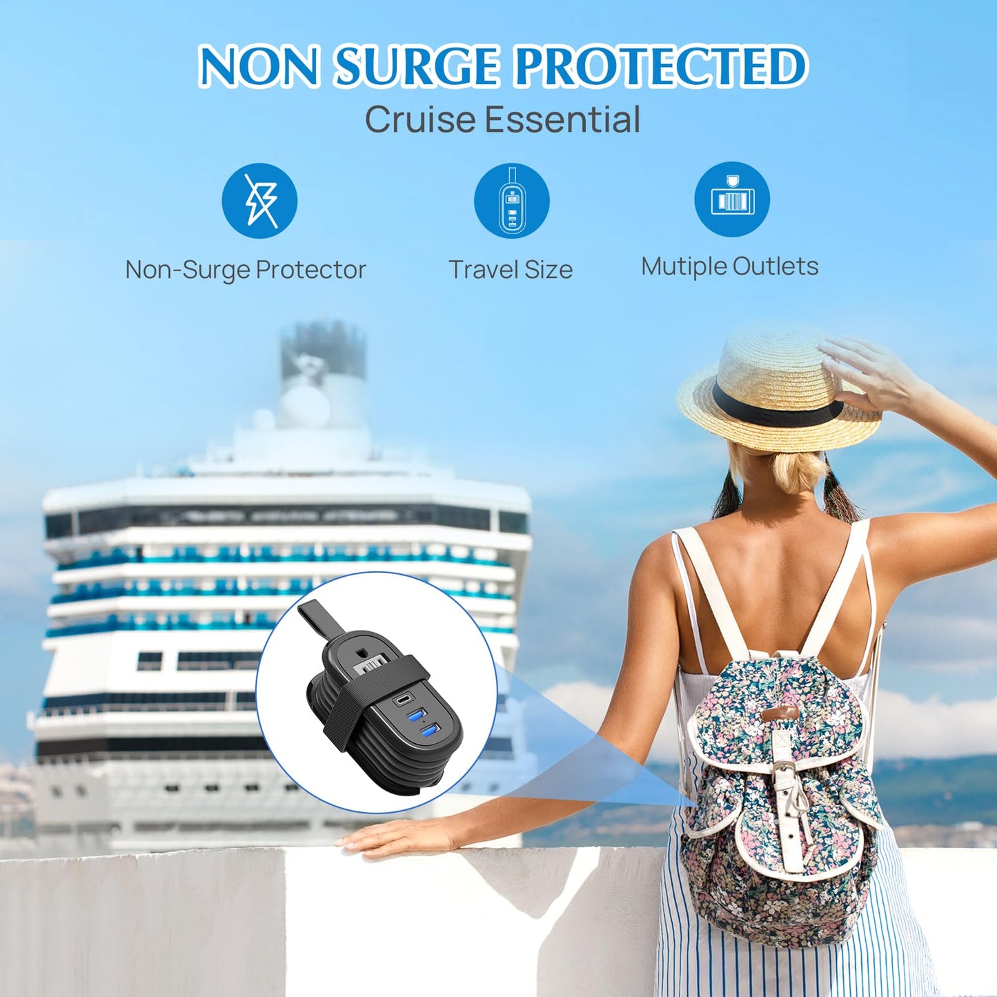 BEVA Travel Power Strip with USB Ports, 4FT Travel Flat Plug Extension Cord, Fast Charge PD 20W 2 Outlets 3 USB Ports, Non Surge Protector for Cruise Ship Travel Essentials(PD20W Charge Black)