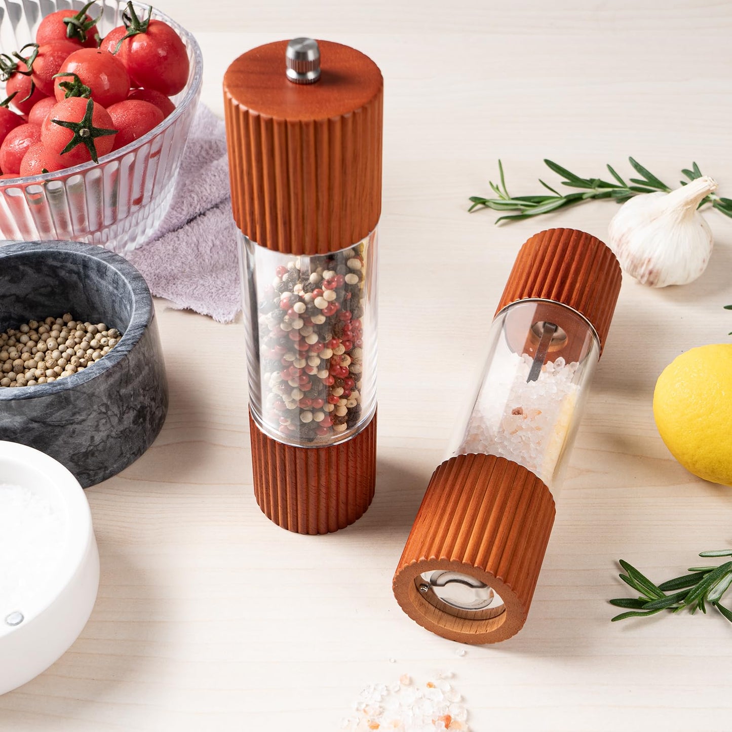 SETRON Acacia Wooden Salt and Pepper Grinder Set, 8 Inches Refillable Salt and Pepper Mills with Adjustable Ceramic Core, Manual Salt and Pepper Shakers for Kitchen Cooking and Gifts