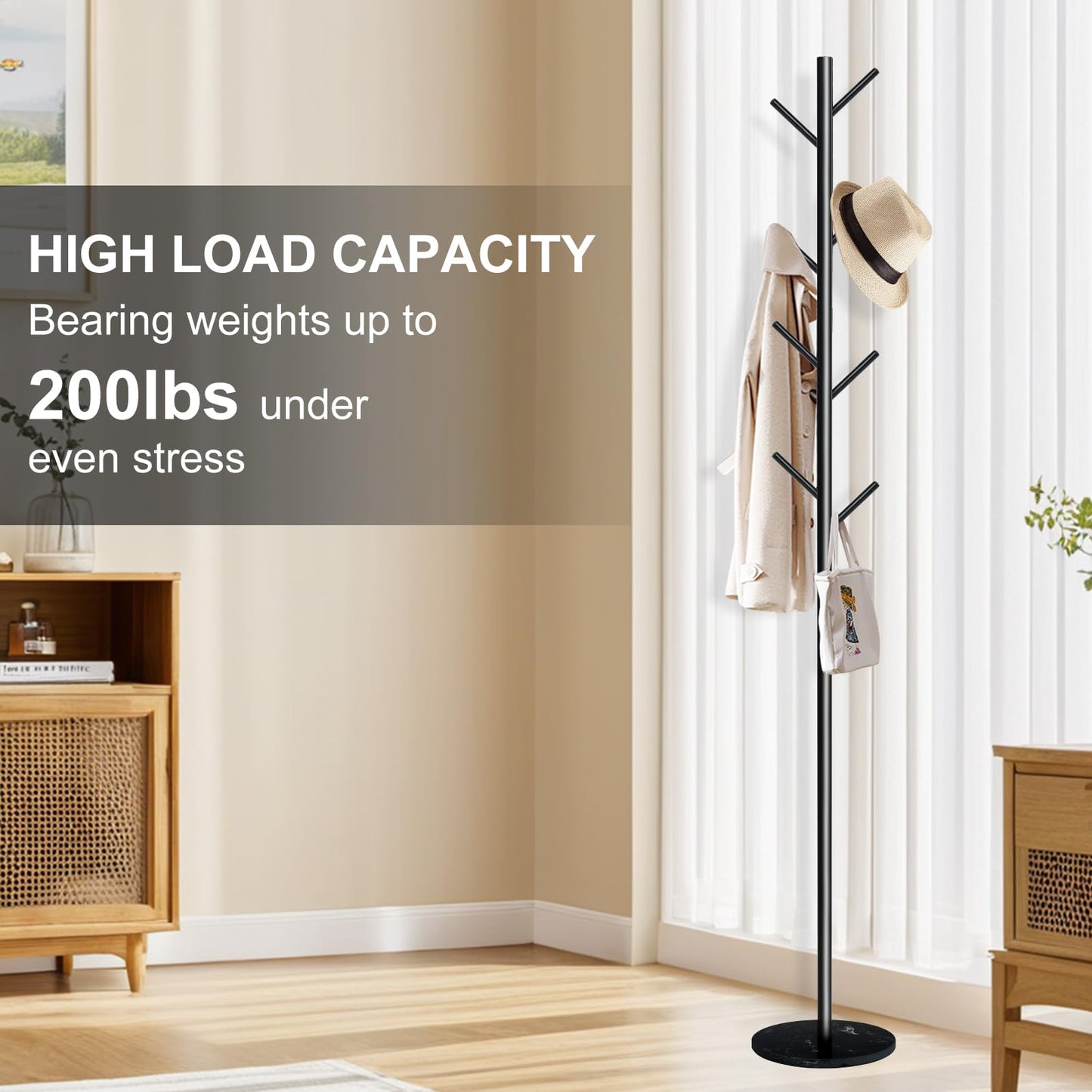 Acteomsly Coat Rack with Natural Marble Base, Metal Freestanding Coat Rack with 8 Hooks, Heavy Duty Coat Hanger Stand for Entryway, Office, Bedroom,Dorm for Coats, Hats, Handbags and Scarves(Black)
