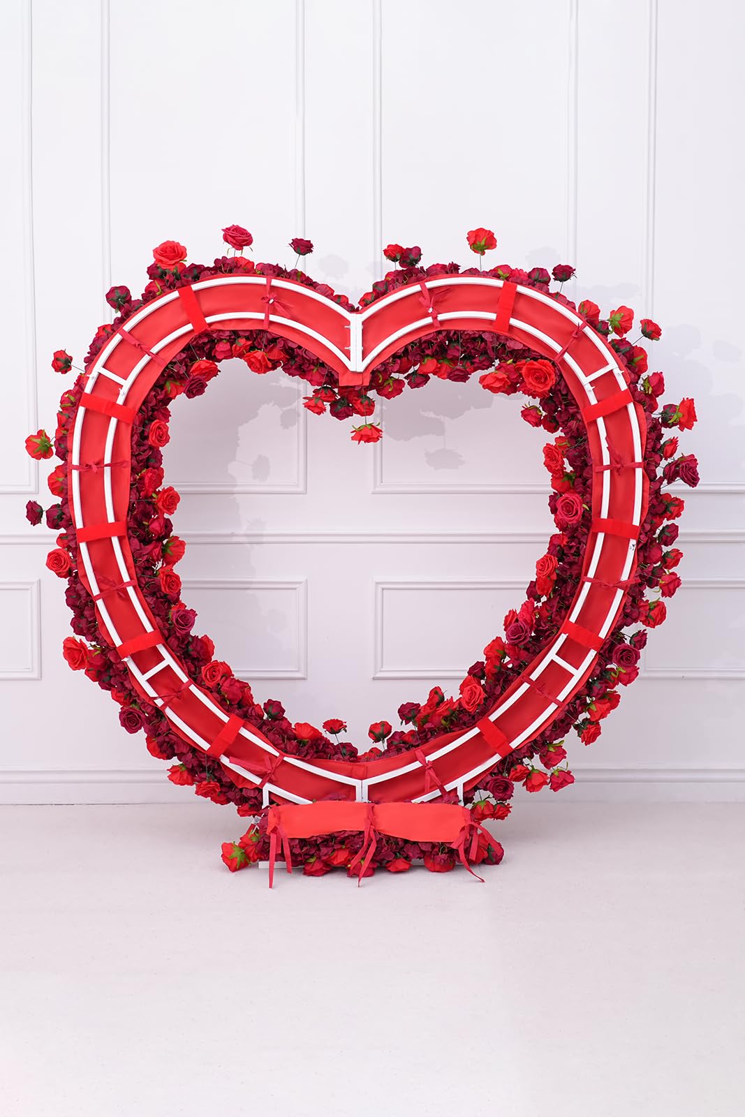 Fabric Cloth Base Artificial Flower Arrangement Decorative Heart Shaped Wedding Arch Backdrop Marriage Proposal Outdoor Party Event Decoration (Dark Red & Red Flowers no Arch)