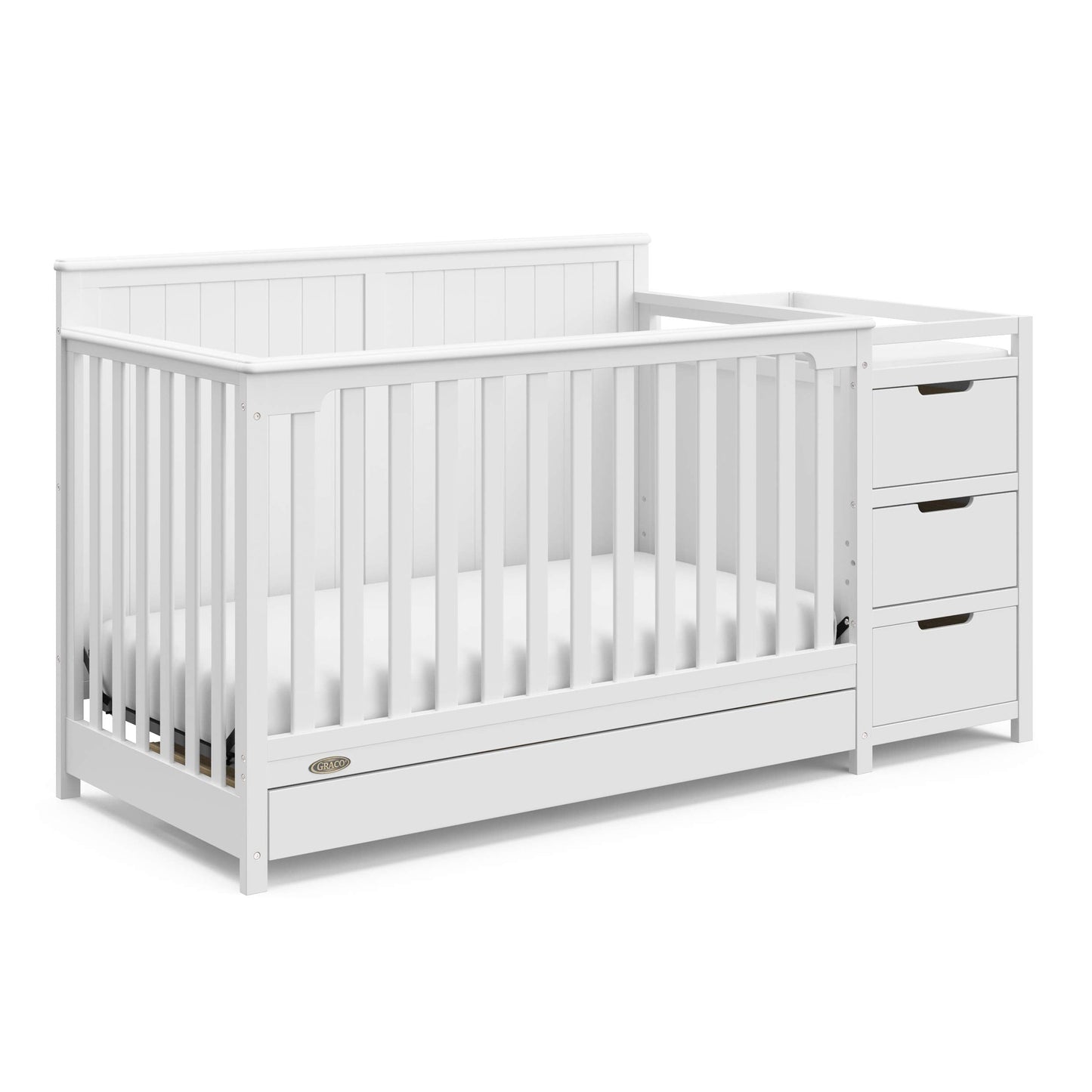 Graco Hadley 5-in-1 Convertible Crib & Changer – GREENGUARD Gold Certified, Fits Standard Crib Mattress, Converts to Toddler Bed and Full Bed, 4 Adjustable Mattress Heights (White)