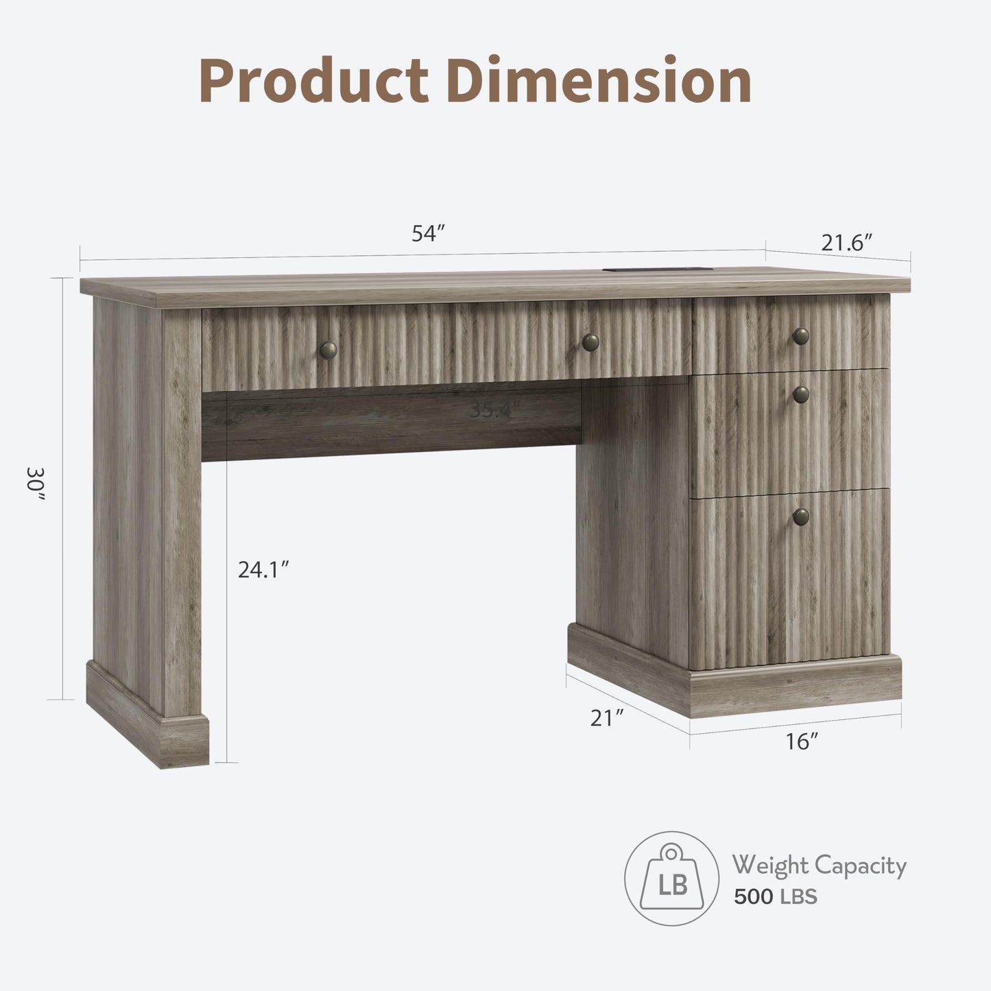 IDEALHOUSE Modern 54" Executive Office Desk with Fluted Details & Charging Station - Wooden Computer Desk with File Drawers, Home Office Storage Desk for Study, Living Room or Bedroom, Rustic Gray