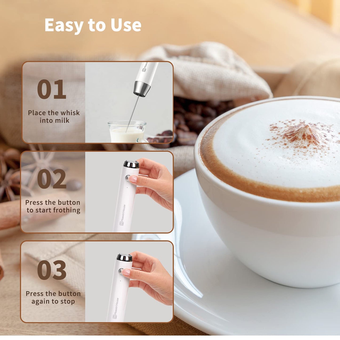 Maestri House Rechargeable Milk Frother with 3 Heads, LunaFro AS Handheld Electric Foam Maker Waterproof Detachable Stainless Steel Whisk Drink Mixer Foamer with Stand for Lattes, Cappuccino, Egg