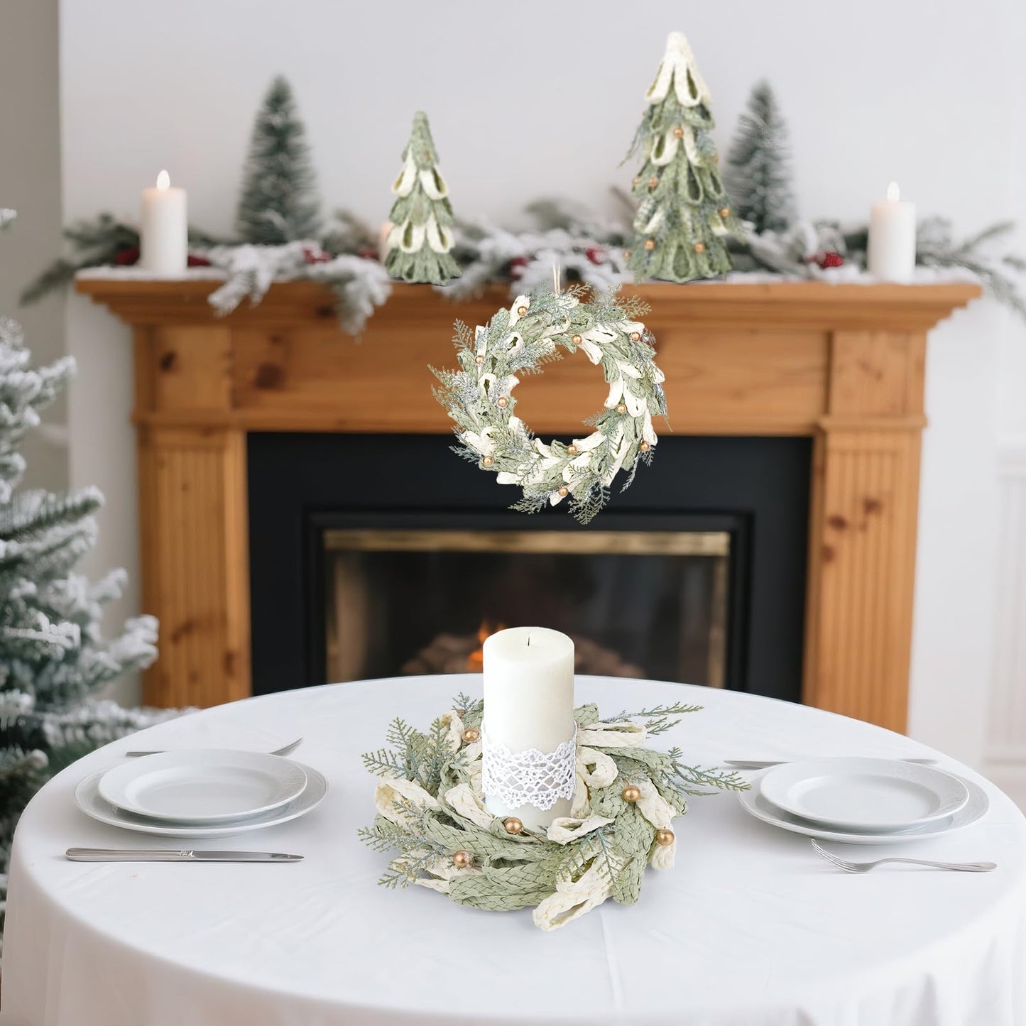 2PCS Hand Woven Christmas Tree Decor, Set of 11.8 Inch and 8.3Inch Tabletop Trees with Golden Berries, Farmhouse Winter Decor for Centerpiece, Mantel, Holiday Home Decorations