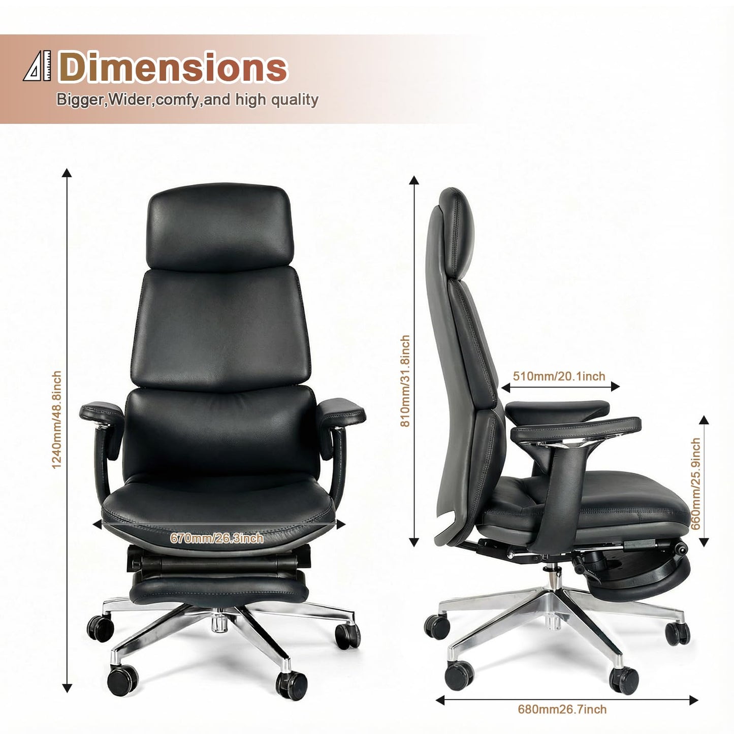 FurniBaron Genuine Leather Office Chair with Flexible Footrest, High Back Executive Office Chair with Lumbar Support, Adjustable Tilt Mechanism, Weight Capacity 400 lbs (Black)