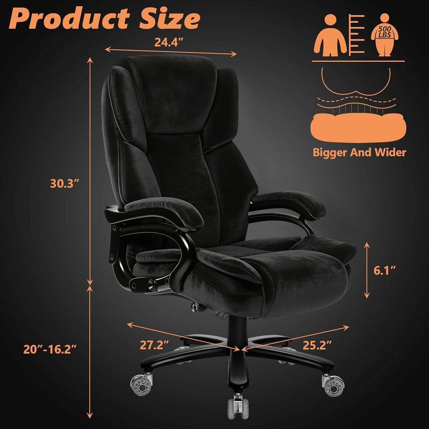 Indulgear 500lbs Fabric Big and Tall Office Chair,500lbs Heavy Duty Office Chair for Heavy People, High Back Executive Computer Chair with Adjustable Lumbar Support, Dual Rubber Wheel
