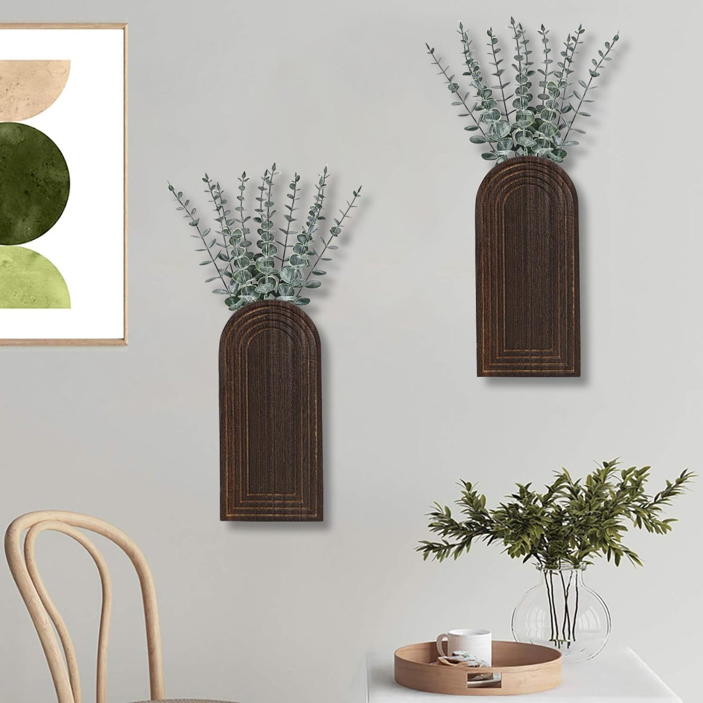 Dnnnii 2 Pack Wooden Wall Vase Set - Dark Brown Finish Modern Farmhouse & Boho Wall Decor for Entryway, Hallway, Bathroom, Living Room, Dining Room, Narrow Spaces