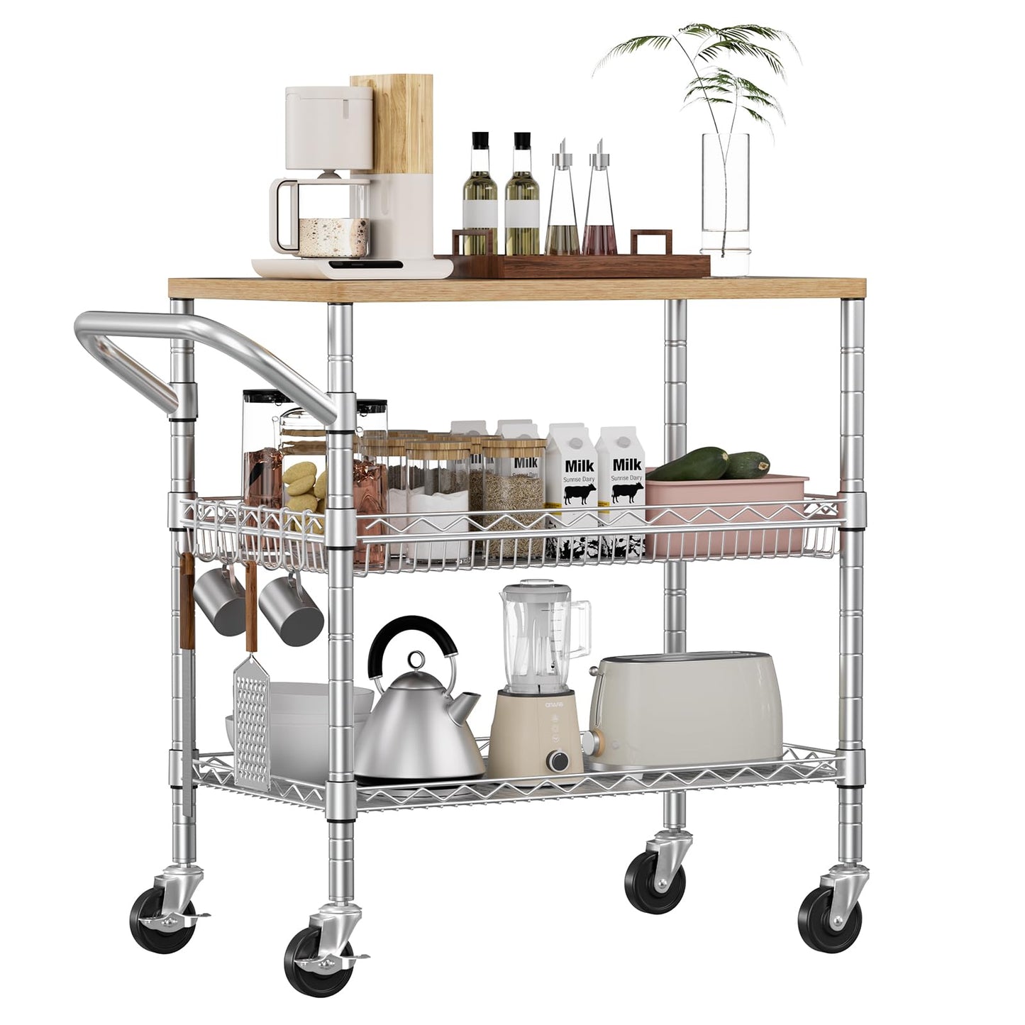 WDT 3 Tier Rolling Kitchen Carts with Wheels, Heavy Duty Rolling Utility Cart with Wood Tabletop, Commercial Grade Metal Cart with Handle and Hooks, NSF Storage Serving Island Carts, Light Wood+Metal