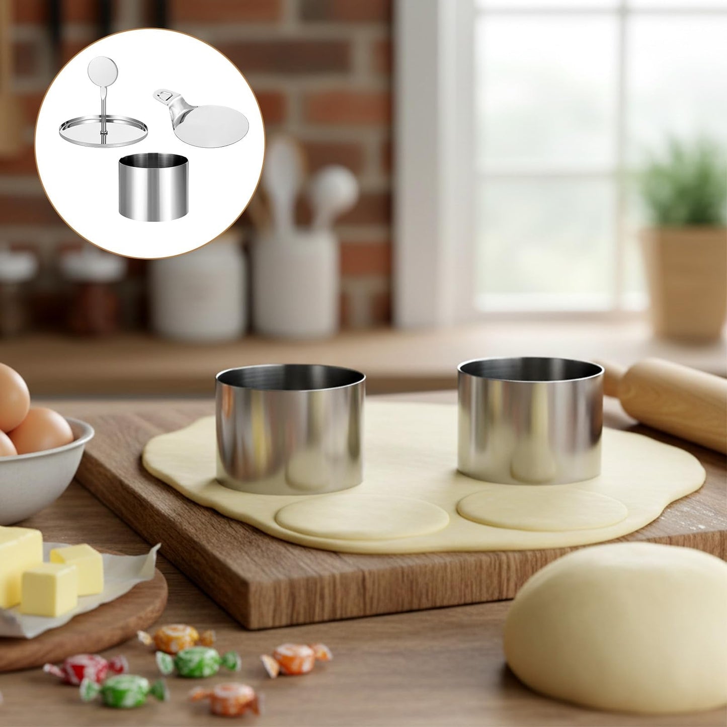 6 Pack Round Cake Ring Molds, Seamless Round Stainless Steel Cake Ring, Mousse Rings 3 Inch Pastry Cutter 3" Crumpet Rings, Stainless Steel Dessert Cooking Molds with Presser & Lifter for Baking