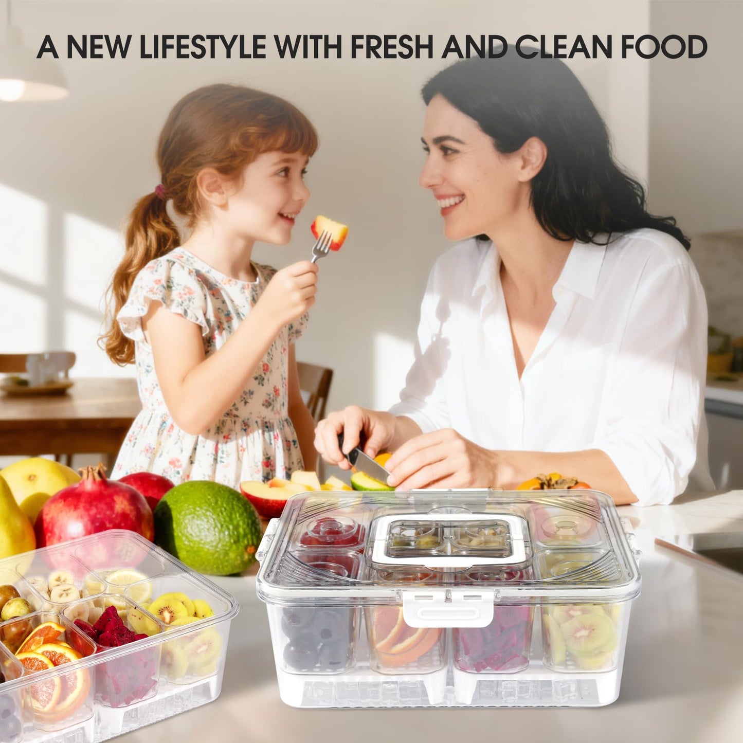 8 Compartment Snack Box with Ice Compartment, Leakproof Portable Cold Food Storage Container, Acrylic Airtight Food Tray for Long Haul Truckers Long Distance Drivers, Road Trip Car Cab Food Organizer