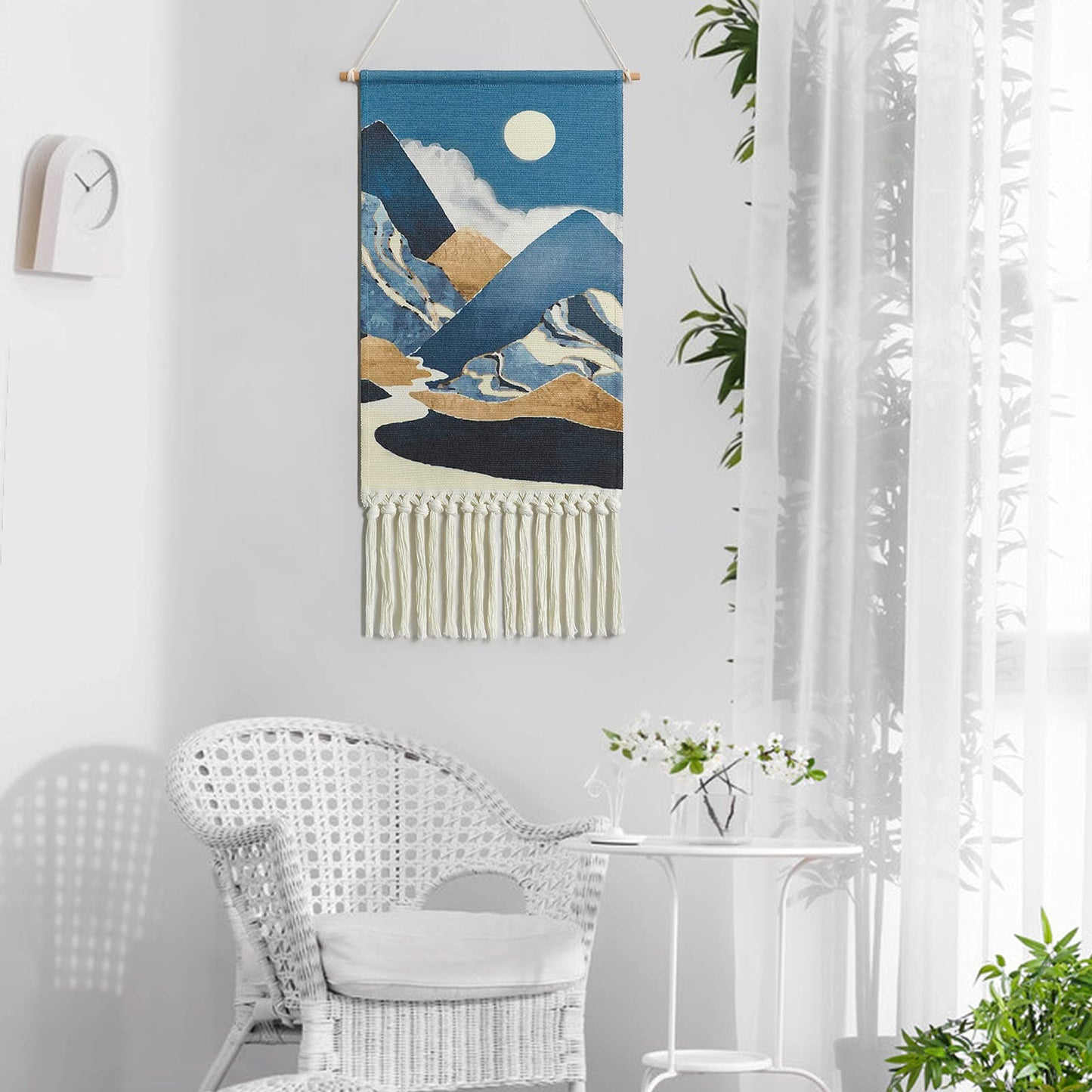 Alynsehom Macrame Woven Wall Hanging Tapestry Boho Wall Art Moon Mountain Chic Home Decor Bohemian Aztec Apartment Dorm Room Backdrop Decoration (Blue)