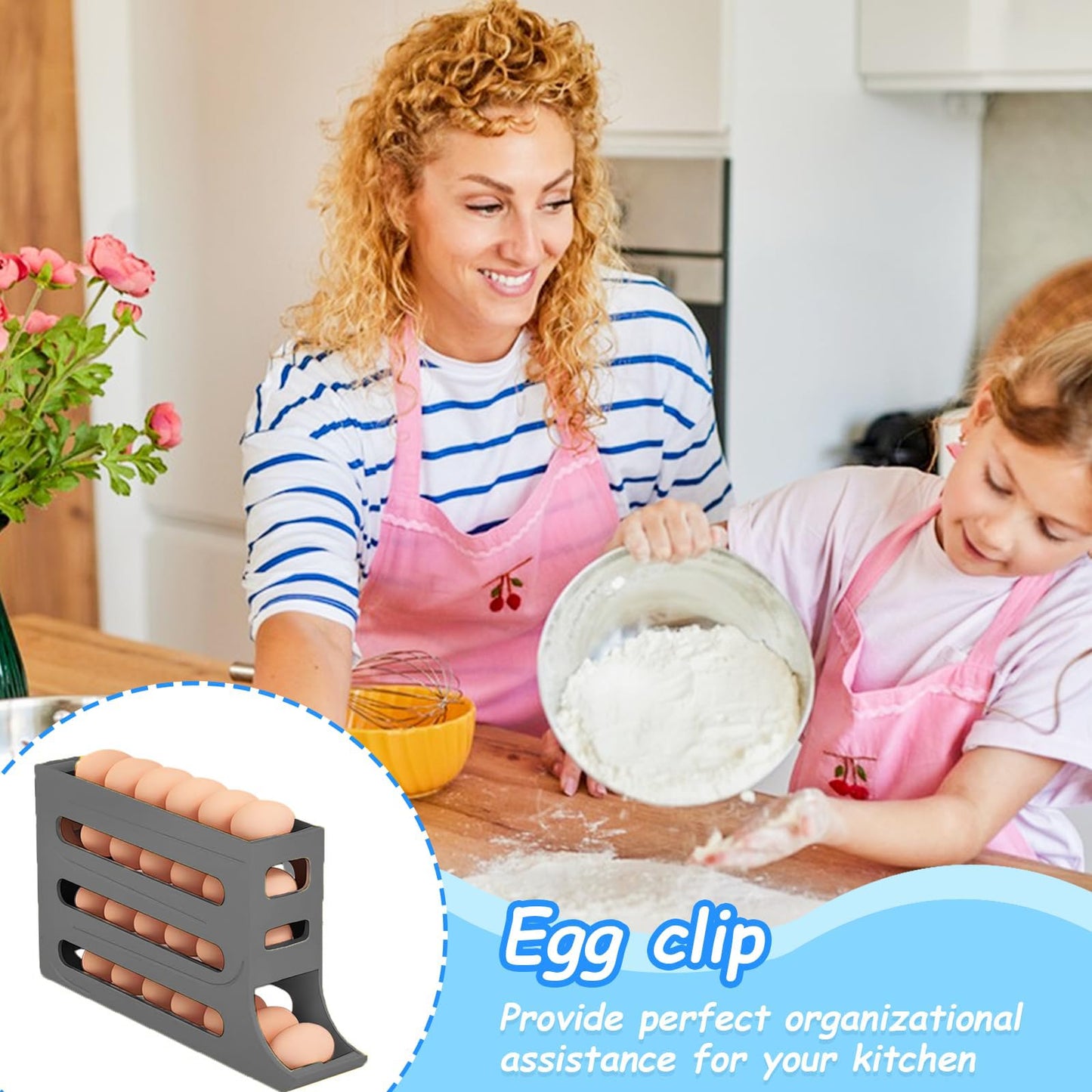 Jofarstep Egg Holder for Fridge, 4 Tiers Dispenser, 30 Egg Container Refrigerator, Large Capacity Organizer Automatic Fridge Rolling Egg Container for Pantry Countertop (Grey)