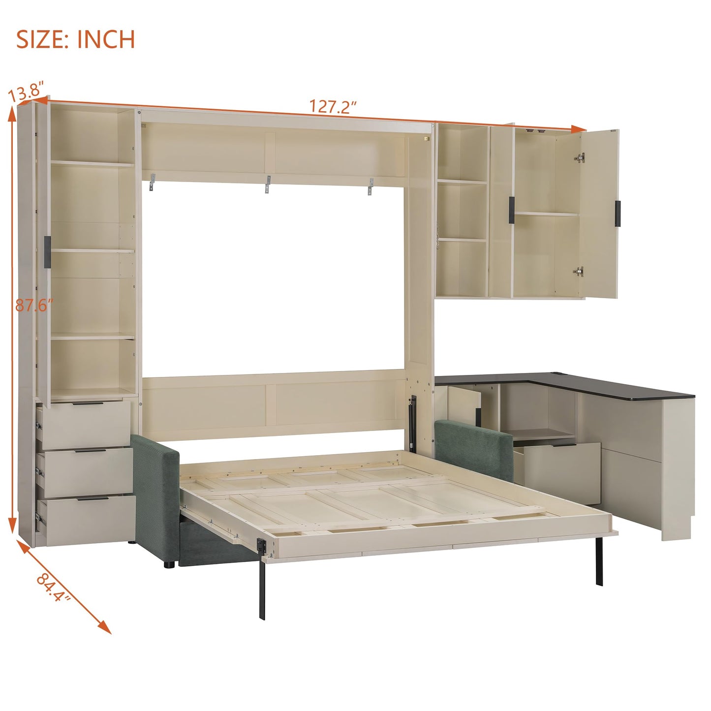 Merax Farmhouse Multi-Functional Murphy Bed with Sofa, Desk & Storage Cabinet,Solid Wood Foldable Wall Bed with/w/USB Charging Station Space Saving/No Box Spring Needed/Queen, Beige + Green