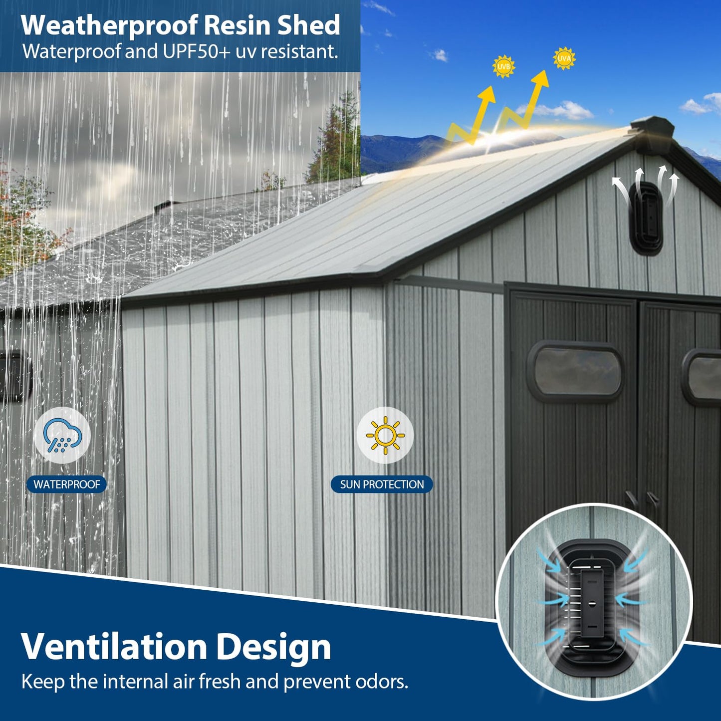 Domi 6x6Ft Resin Outdoor Storage Shed, Small Plastic Garden Shed with Carpet, Outside Weatherproof Storage Building for Tools, Bike, Lawn Mower, Patio, Backyard