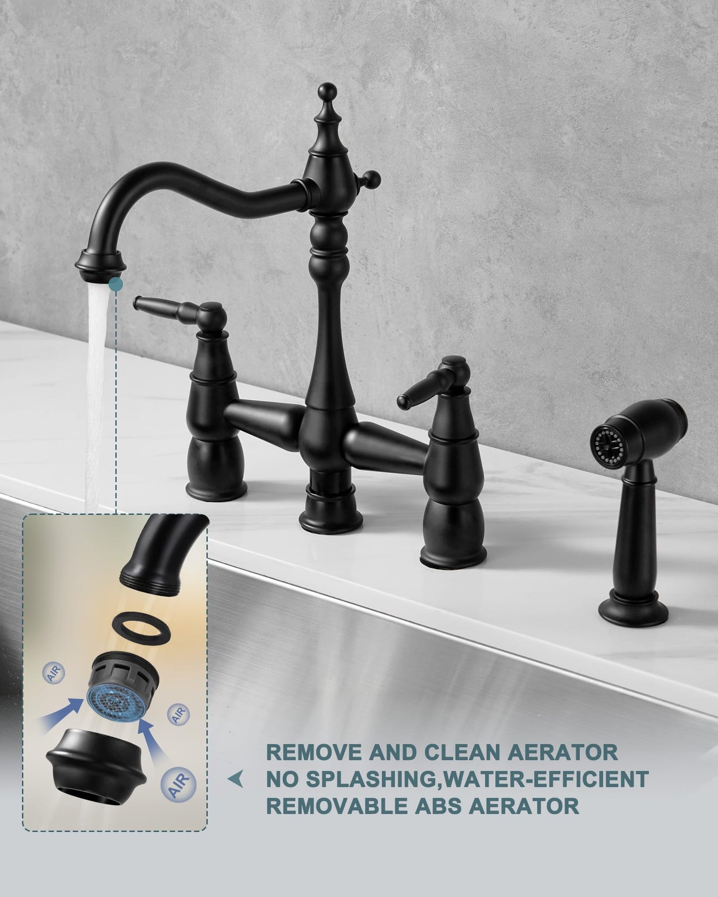 ALEASHA Bridge Centerset Kitchen Sink Faucet, Deck Mount Brass Kitchen Faucet with Side Sprayer, 2 Handle 4 Hole 360° Swivel Vintage Farmhouse Copper Faucet, Matte Black