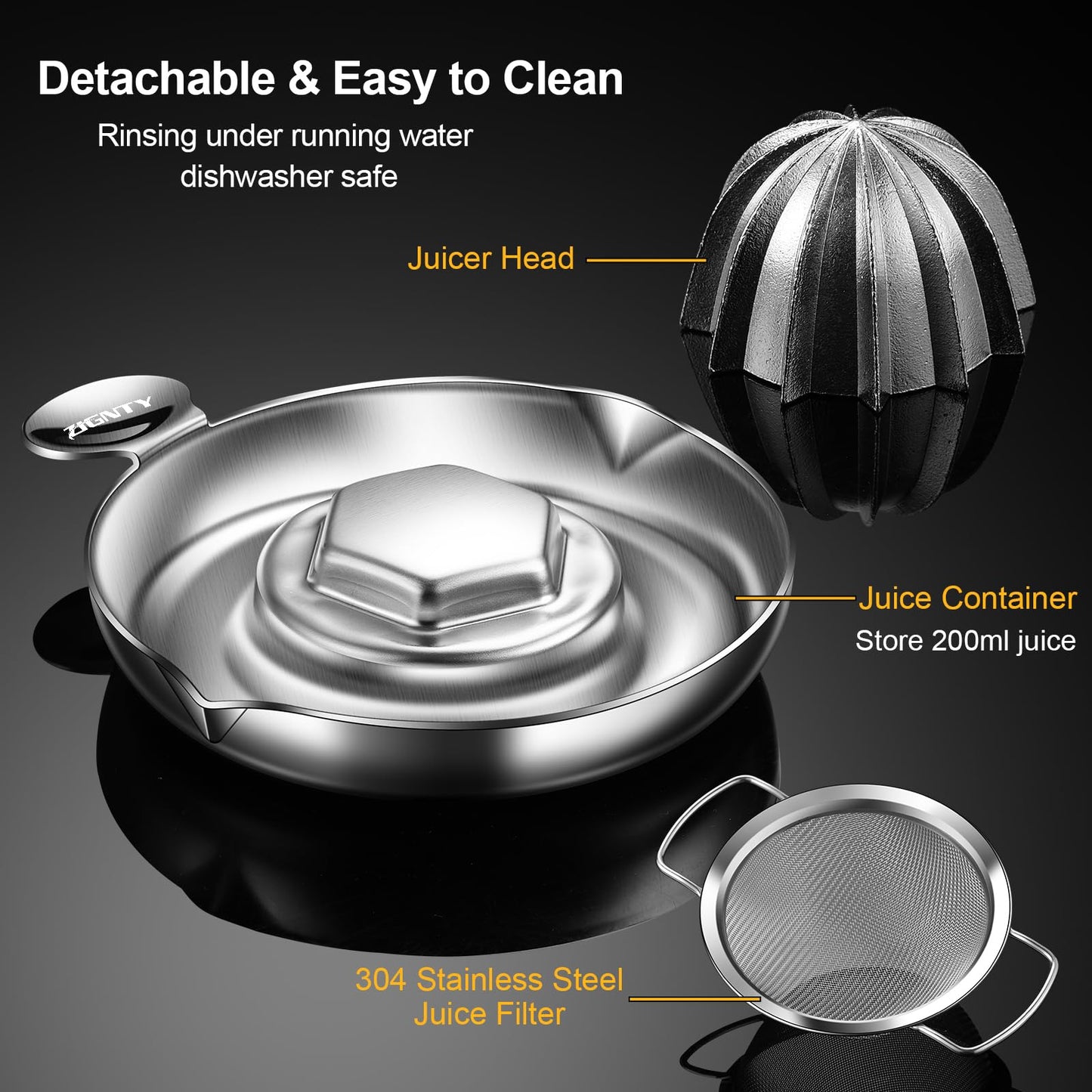 ZIGNTY Lemon Squeezer Stainless Steel, Heavy Duty Hand Manual Citrus Juicer, Premium Orange Lime Fruit Squeezer, Robust Reamer Rotation 2 Pour Spout 200ML Container, Dishwasher Safe(5-Year Warranty)