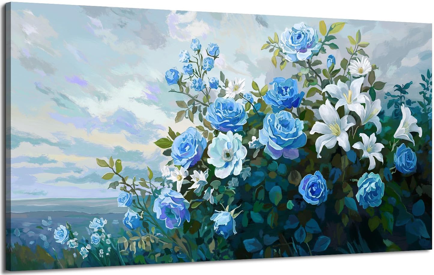 NiceTop 48x24 Inch Large Floral Canvas Wall Art, Waterproof Moisture Resistant Blue Rose White Lily Modern Botanical Artwork with Hanging Kit, Abstract Aesthetic Wrapped Canvas Print for Living Room, Bedroom, Bathroom, Boho Farmhouse Home Decor