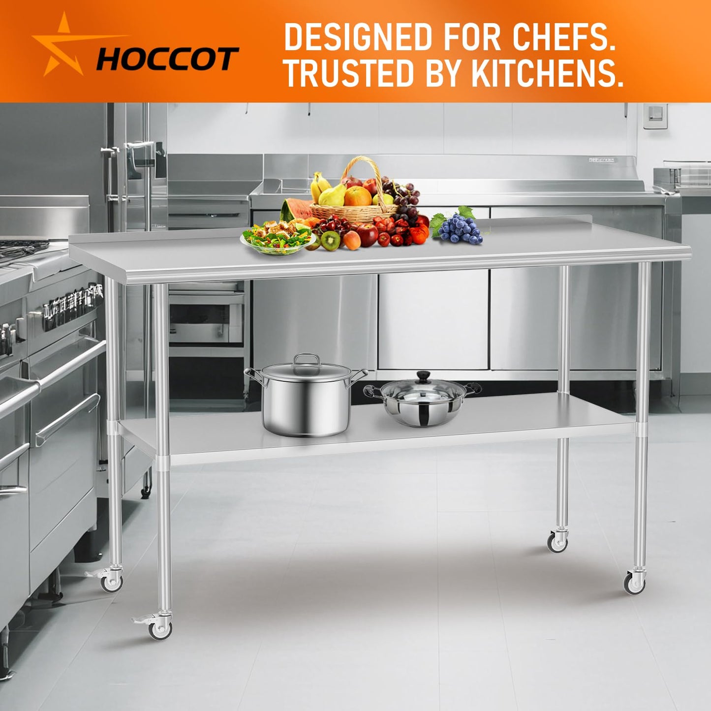 HOCCOT Stainless Steel Prep Table 30" X 60" with Adjustable Undershelf, Backsplash and Wheels, Commercial Metal Workstations for Kitchen, Garage, Home and Hotel