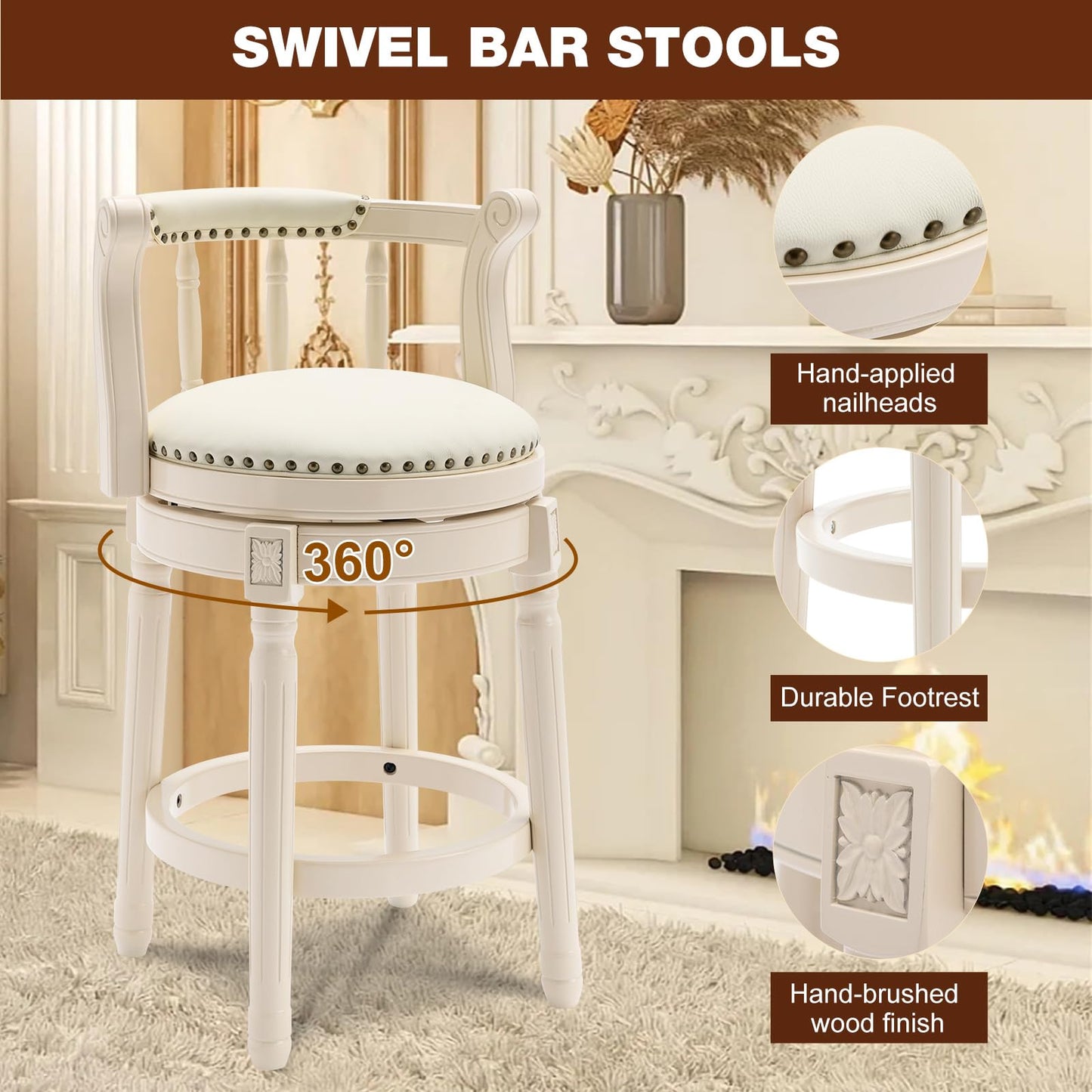 CozyRain Bar Stools Modern Swivel Barstools, Kitchen Counter Genuine Leather Upholstered Bar Stool Island Barstool with Footrest for Home Kitchen Dining Room (White, Seat Height 26 in)