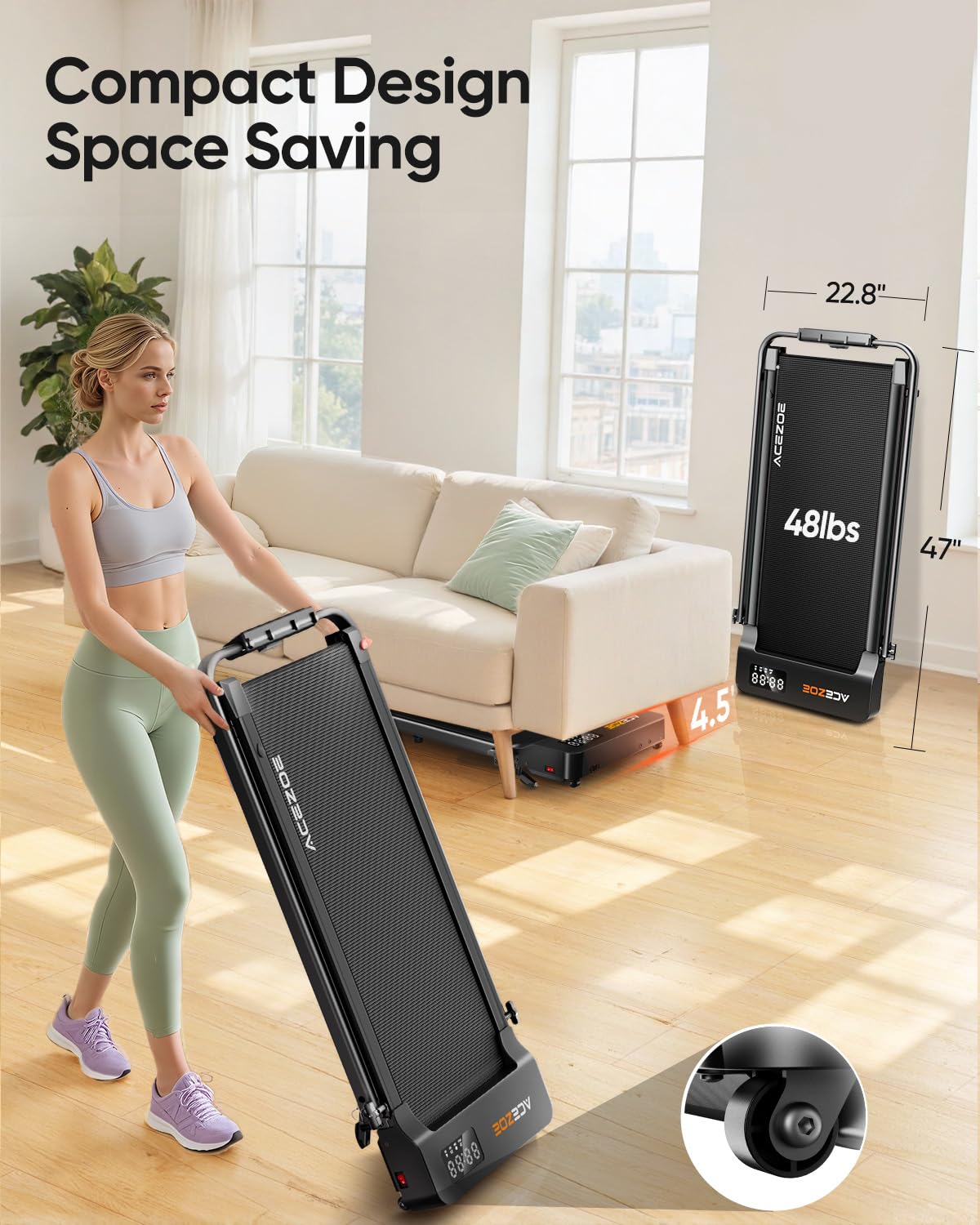 Acezoe Walking pad Treadmill with Incline & Handle Bar, Folding Treadmill for Home Small Spaces, Compact Portable Under Desk Treadmill,Dual LED Display, 2.5Hp Quiet Running pad, APP, 300 lbs Capacity