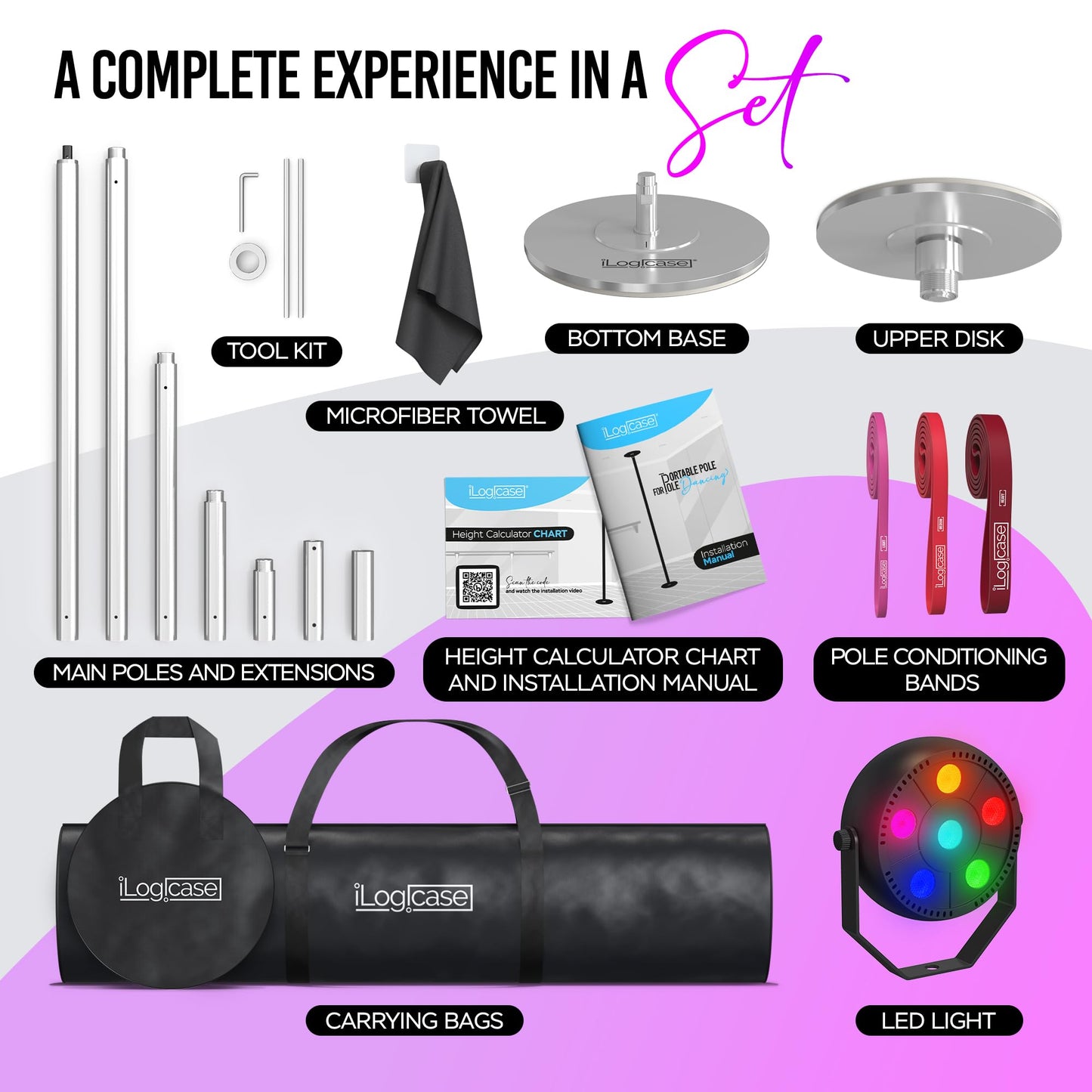 ILOGICASE Spinning Dancing Pole for Home | Portable and Heavy Duty 45mm Dance Pole Apartment Friendly, Adjustable Height 7ft to 11ft, w/Pole Conditioning Bands Set, LED Light and Carry Bags (Chrome)