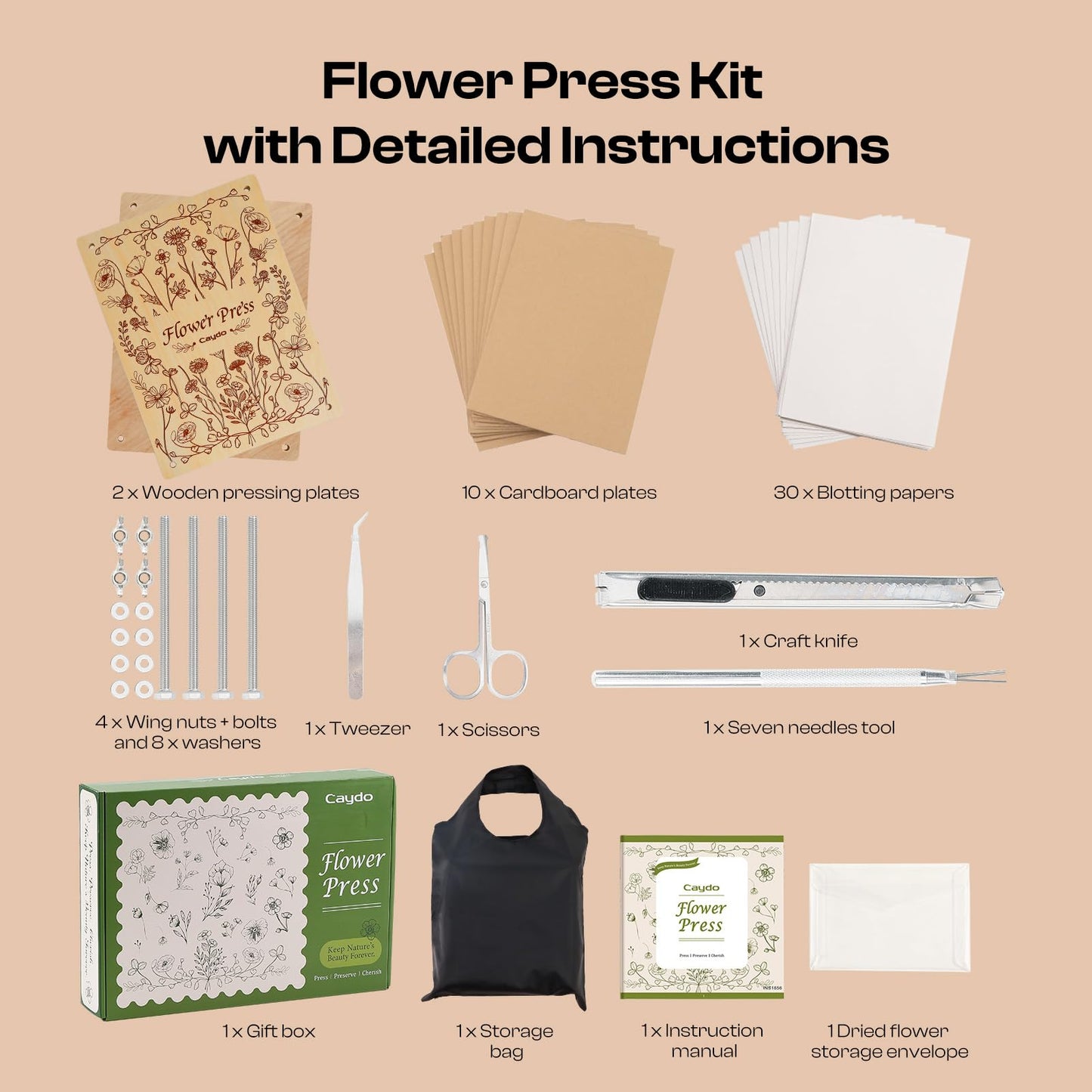 Caydo 11.8" x 8.3" 10 Layers Flower Press Kit for DIY Bookmark Pressed Flower Frame, Wooden Pressed Flower Kit & Plant Press for Adults, Bouquet Flower Preservation Kit, Ideal Gift for Craft Lovers