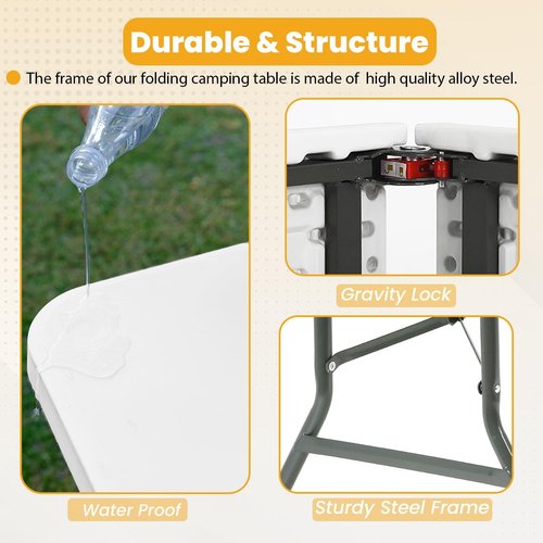 FDW Folding Table - 6FT Portable Picnic & Party Table with Carrying Handle | White Color