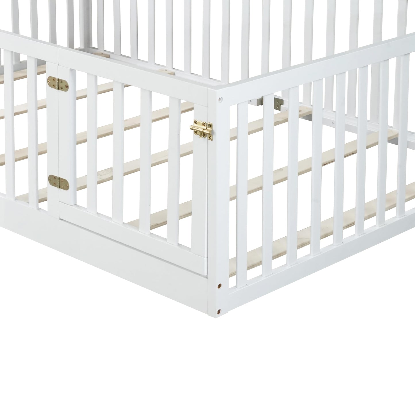 KEIKI Full Floor Bed with 21.5" Safety Guardrails & Door, Kids Floor Bed Frame with 6 Slats, Solid Wood Montessori Bed for Toddler Bedroom, White