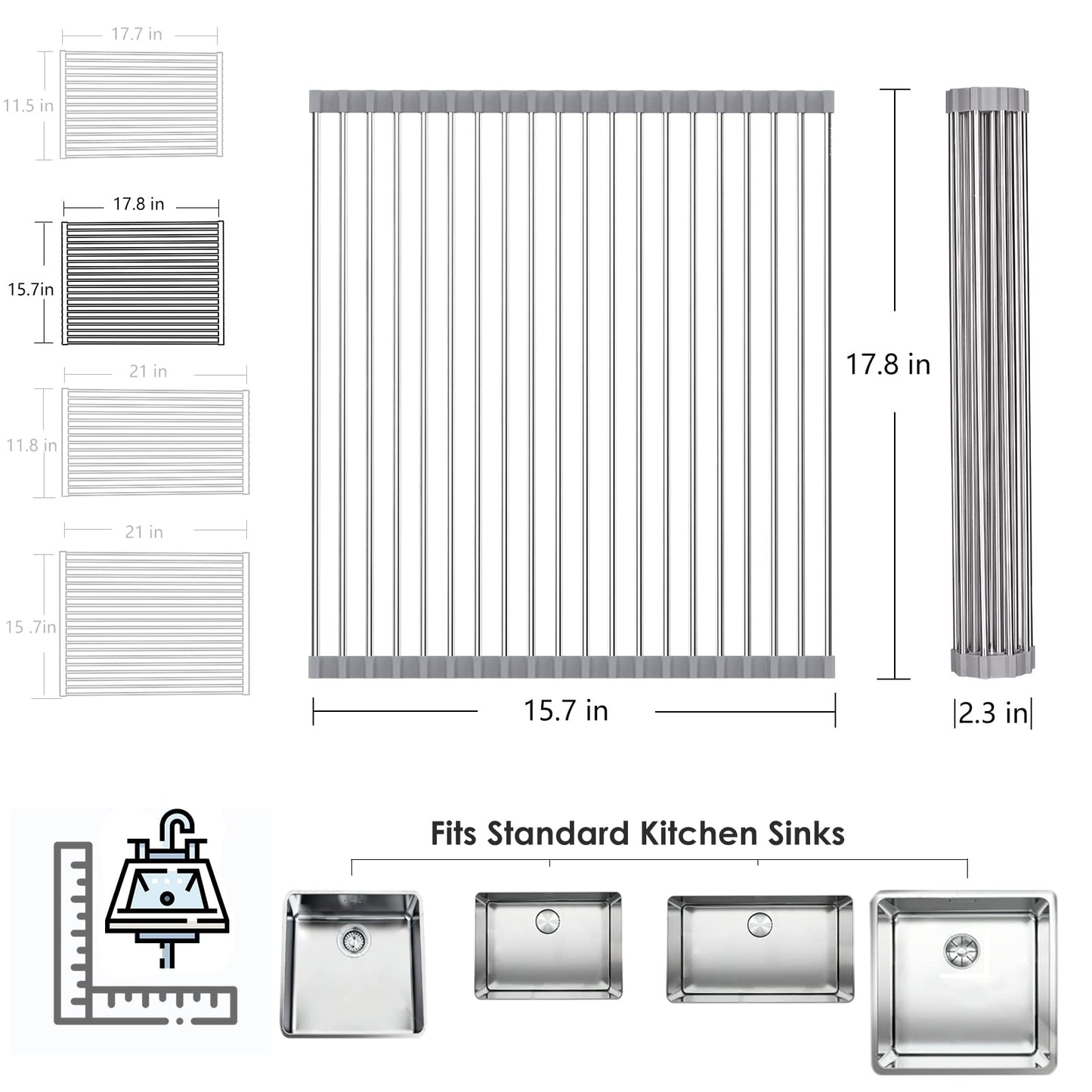 Tomorotec Roll Up Dish Drying Rack Over The Sink Grey Large Dish Drying Rack Rolling Foldable Collapsible SUS304 Stainless Steel Multipurpose Dish Drainer for Kitchen Counter (21”x15.7”)