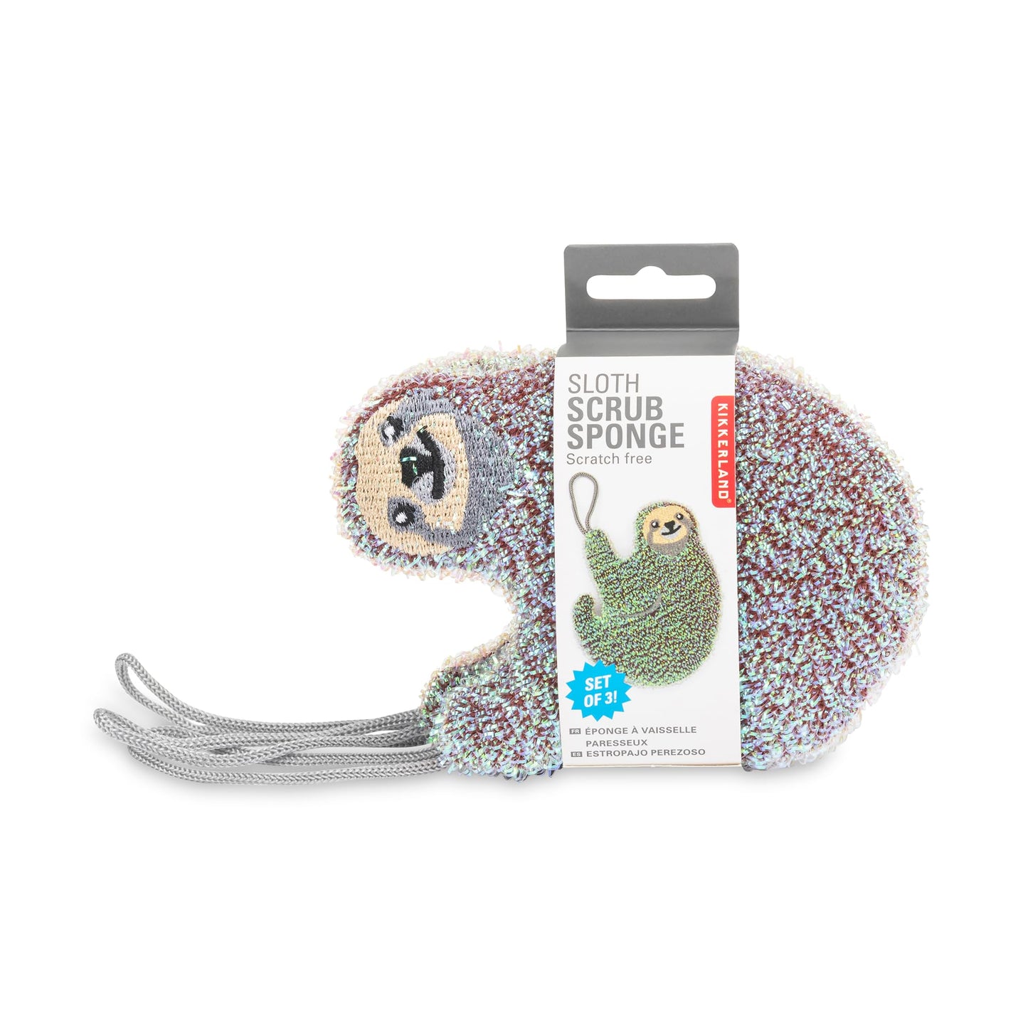 Kikkerland Reusable Sloth Scrub Sponge – Cleaning Supplies for Kitchen, Home Essentials – Fun Gifts for Kids & Adults – Set of 3