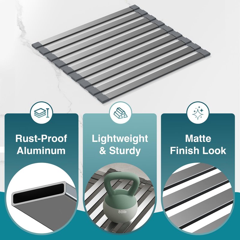 COOL-ANGLE Aluminum Roll Up Dish Drying Rack Over The Sink, 17.7" x 13.4" Rust-Proof Foldable Dish Drainer Mat, Heat Resistant Trivet & Kitchen Sink Cover, Fits Sinks up to 16.8" Wide, Matte Gray
