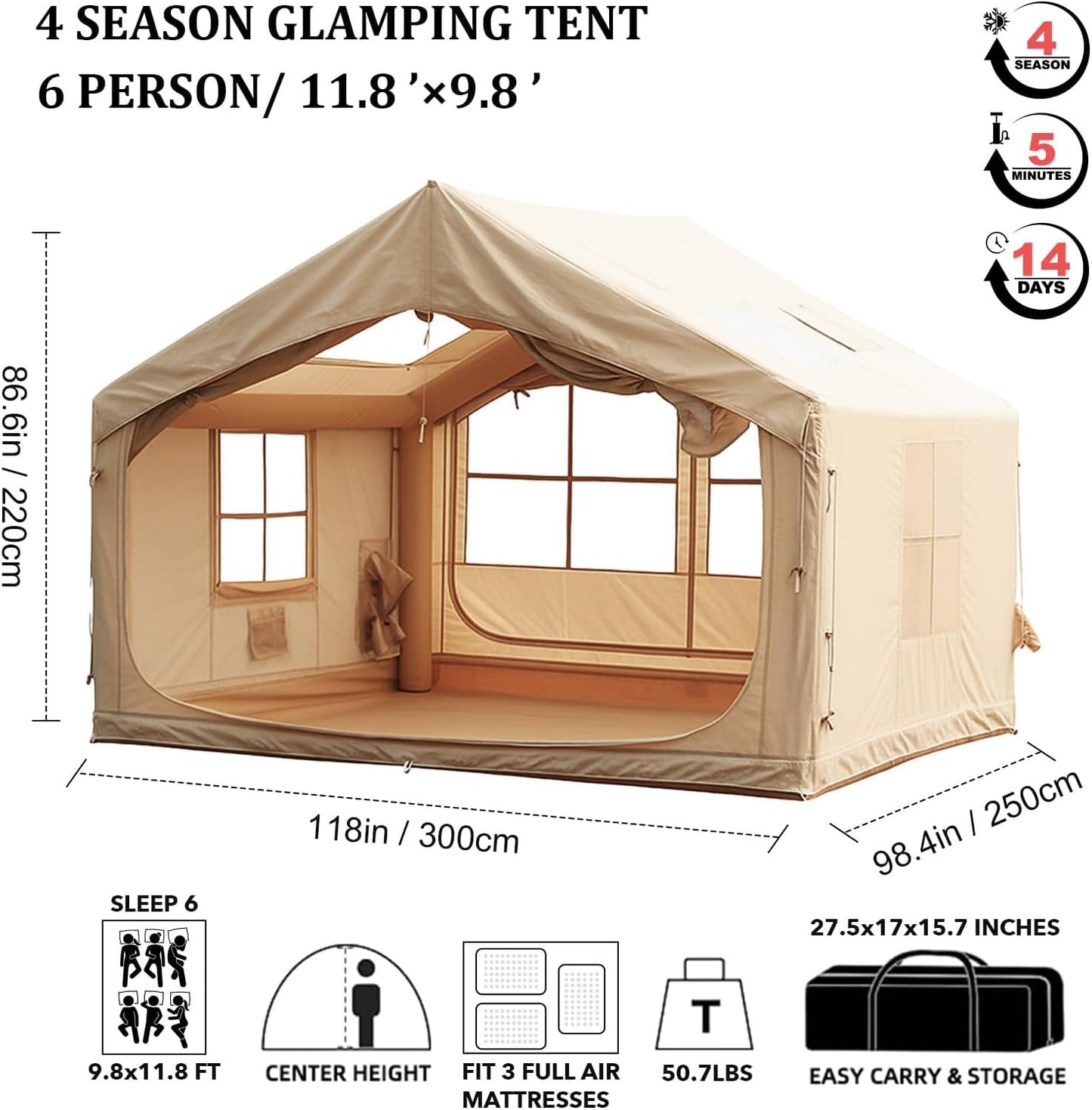 10' x 8' Inflatable Camping Tent for 6-8 People, 4 Season Blow up Tent with Rainfly, Easy Setup Air Pump, Waterproof pad, Luxury Inflatable Hot Tent with Stove Jack for Camping