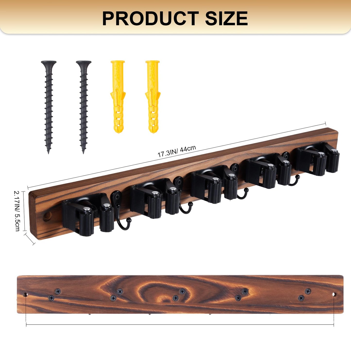 FunCee Broom Holder Wall Mount With 5 Slots & 4 Hooks,Rustic Wood Broom & Mop Hanger,Wall Mounted Garden & Garage Tool Storage Organizer Rack for Closet Laundry Room or Kitchen Wall Decor