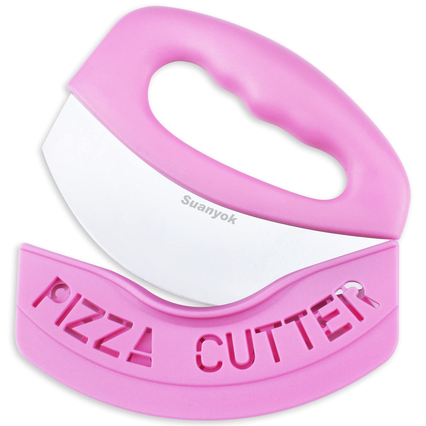 Suanyok Premium Pizza Cutter Food Chopper-Super Sharp Blade Stainless Steel Pizza Cutter Rocker Slicer with Protective Sheath Multi Function Pizza Knife Kitchen Tools,Dishwasher Safe (Pink)