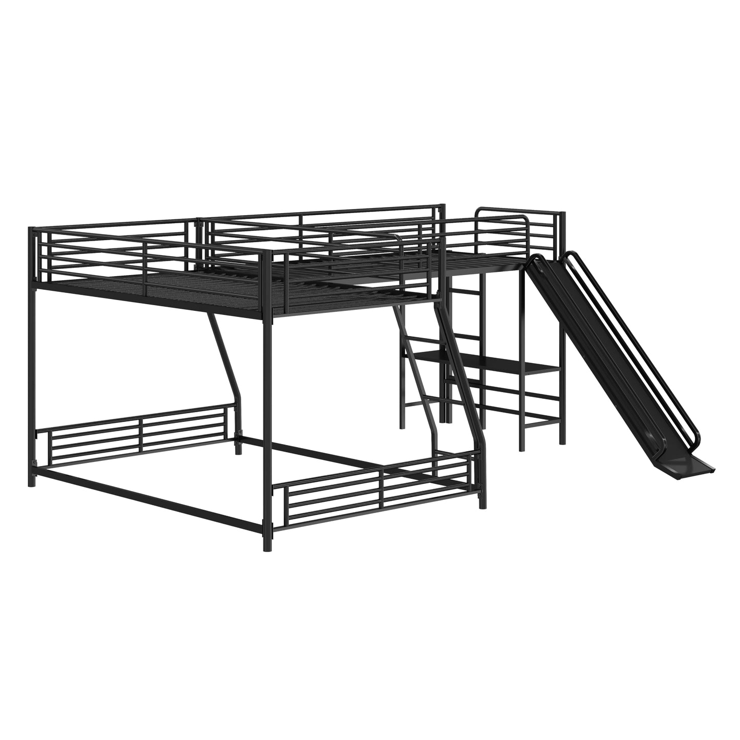 Merax L-Shaped Twin Over Full Bunk Bed with Twin Size Loft Bed, Black Metal Bunk Bed with Built-in Desk and Slide