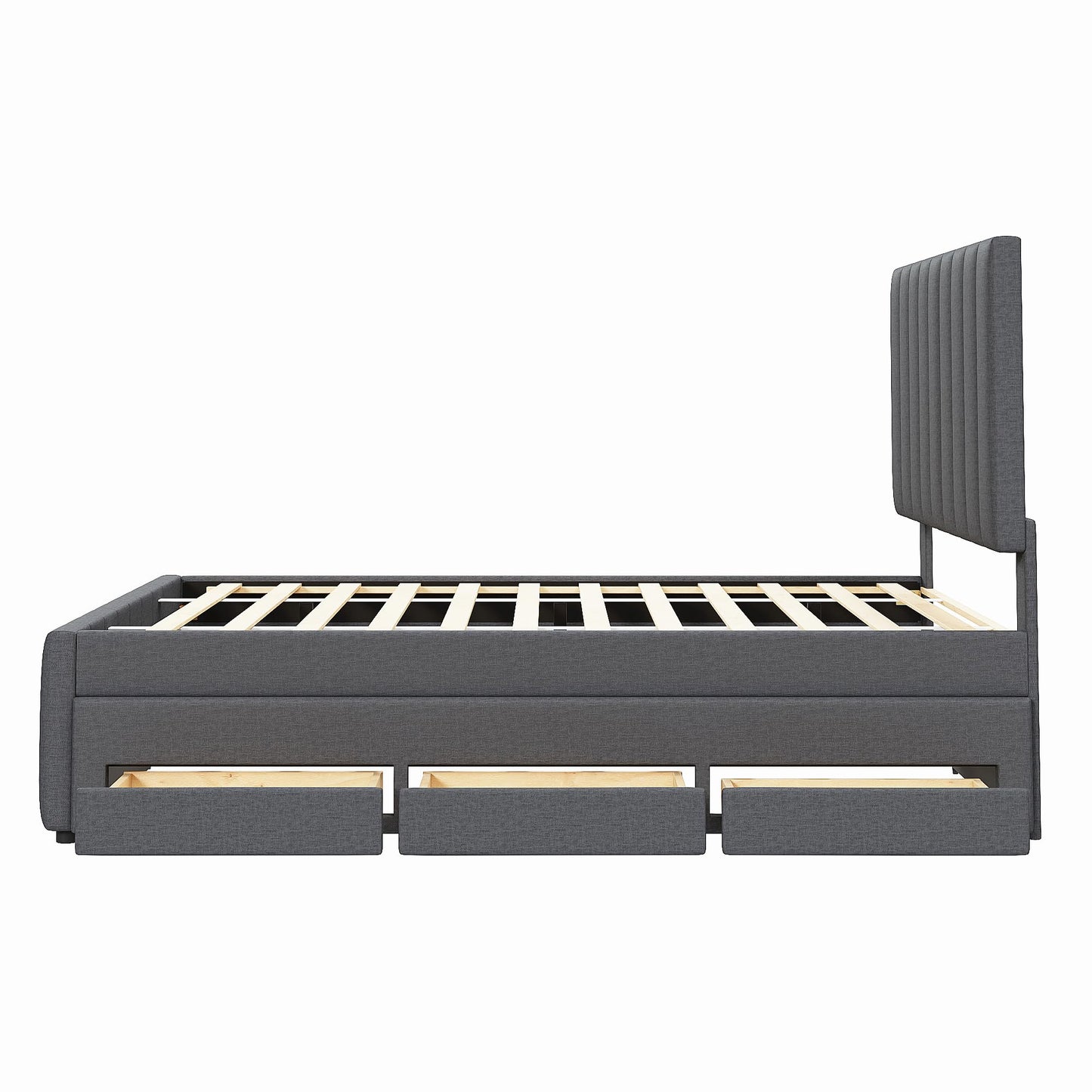 Merax Full Size Upholstered Platform Bed with Trundle and 3 Storage Drawers, Full Bed Frame & Tall Stripe Headboard for Bedroom, Solid Wood Slats Support, No Box Spring Needed, Easy Assembly, Gray