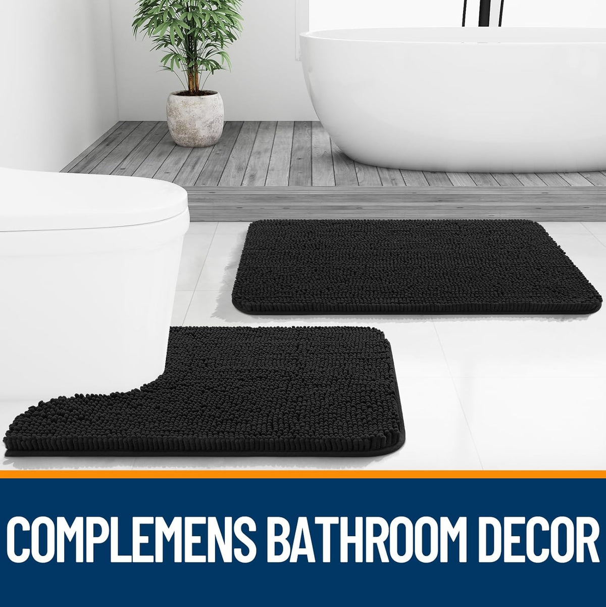 OLANLY Bathroom Rugs - Extra Soft Chenille Bath Mats | 34x21, Quick Dry, Machine Washable, Black