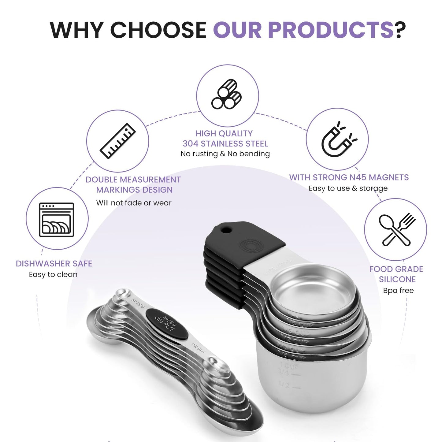 Magnetic Measuring Cups and Spoons Set-Heavy Duty 304 Stainless Steel,Double Measurement Markings,Set of 16 with Leveler for Measure Dry and Liquid Ingredients (Black)